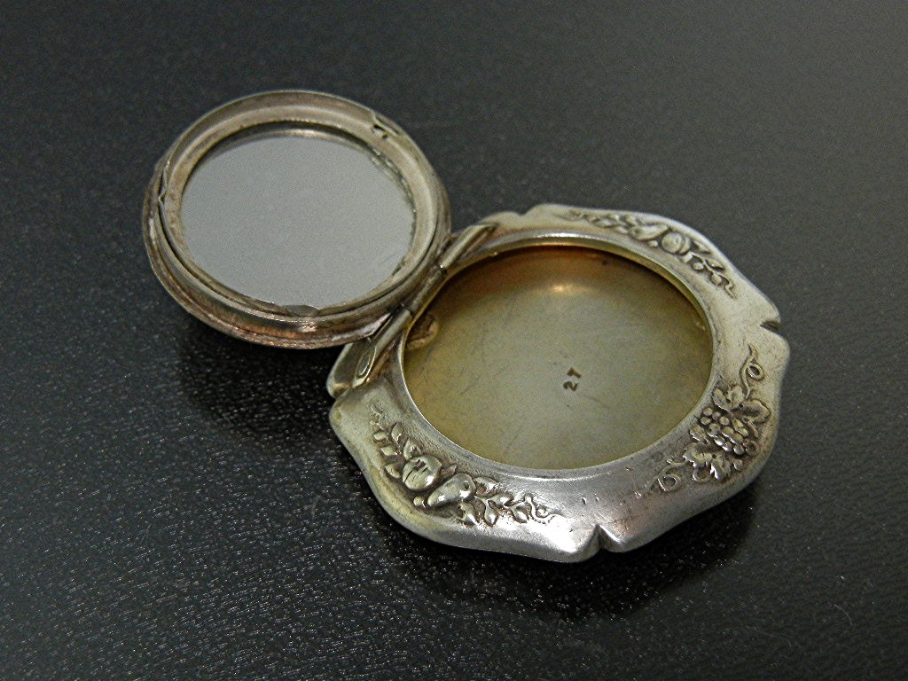 Compact Silver Gilt Rouge Pill Mirror Pendant USA