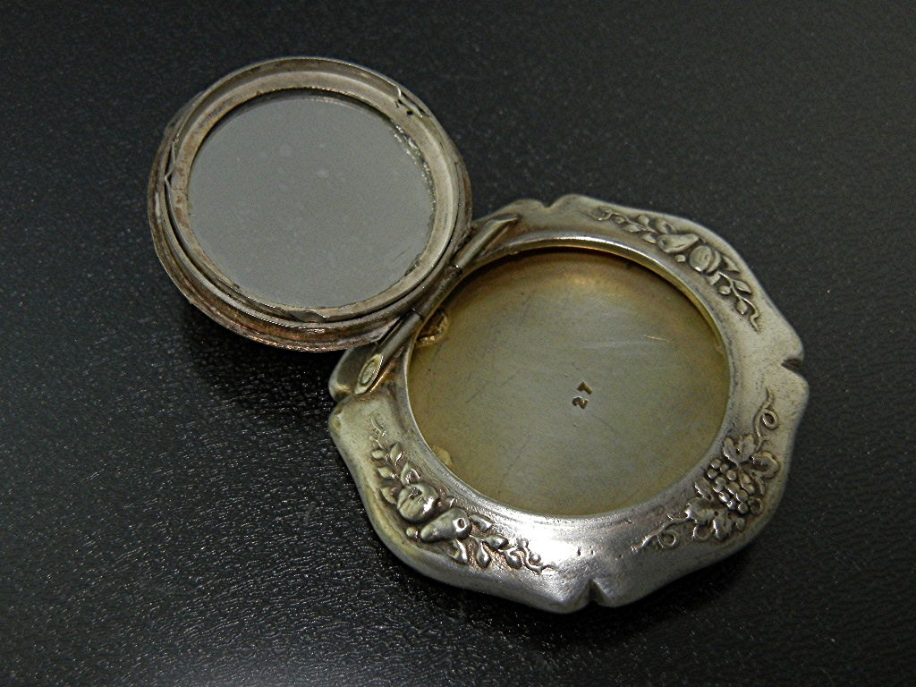 Compact Silver Gilt Rouge Pill Mirror Pendant USA