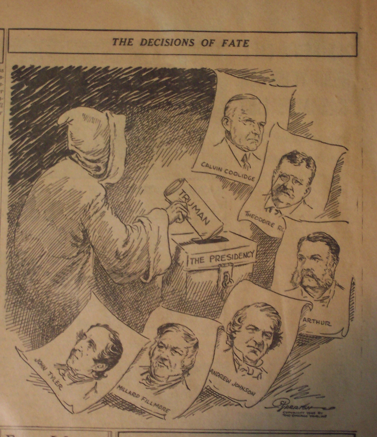 Political Cartoon - April 1945 Death Thrusts Truman