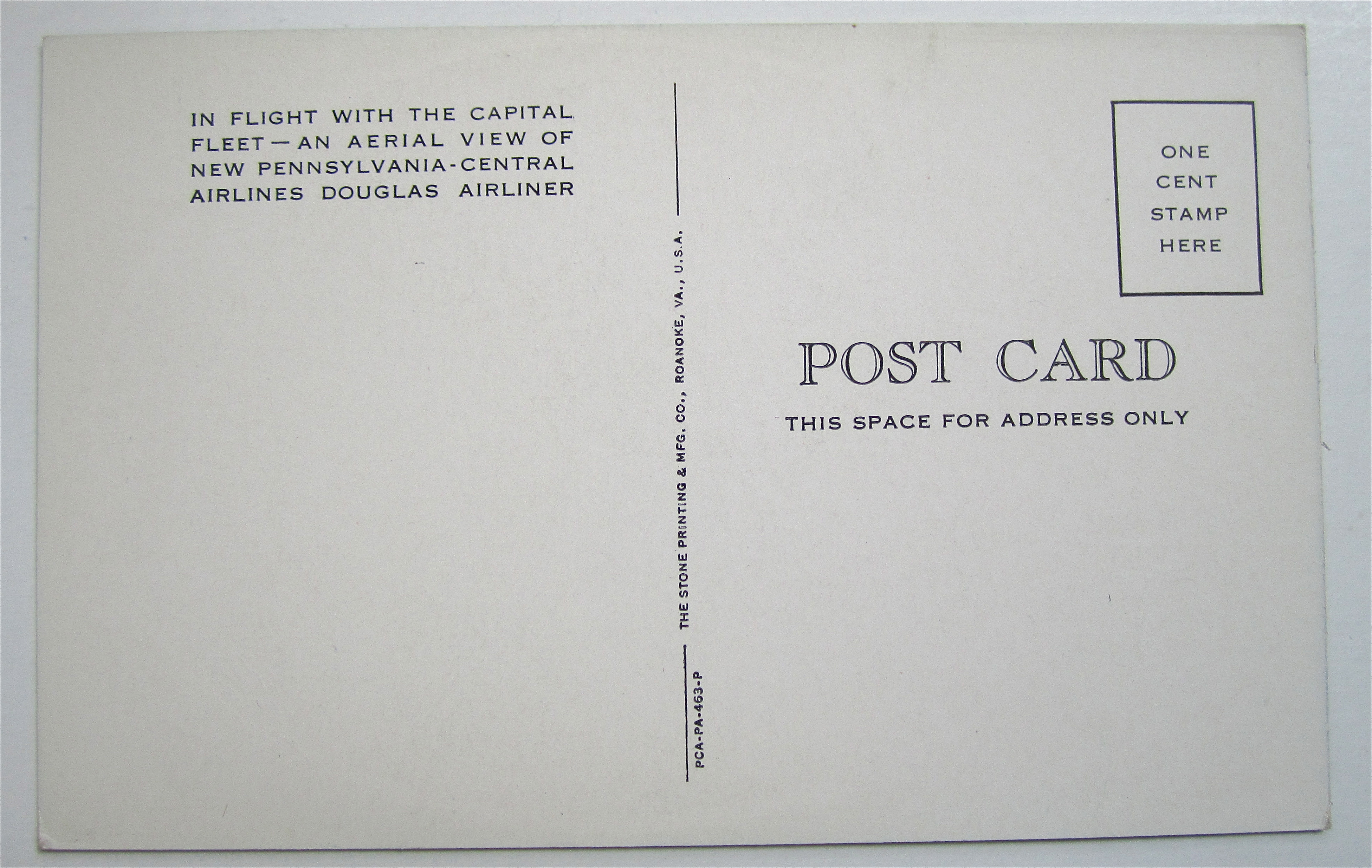 Pennsylvania Central Douglas Airliner Postcard
