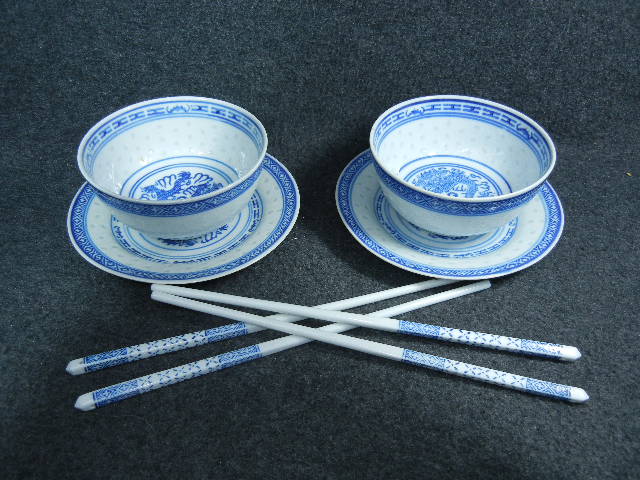 Chinese Dragon eye rice grain saucer bowl chopstick