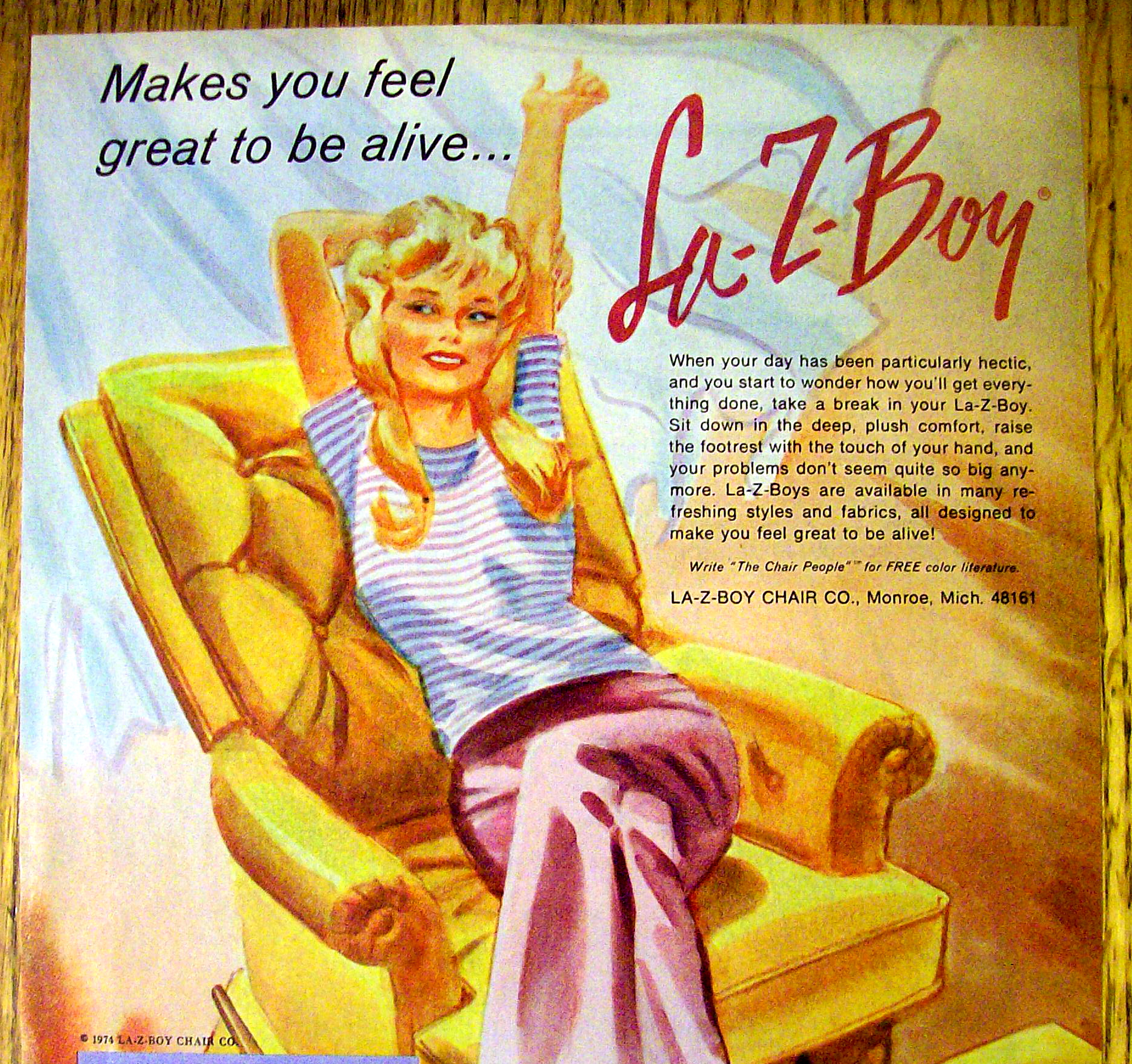 1974 Lazy Boy Chair with Woman Sitting & Stretching