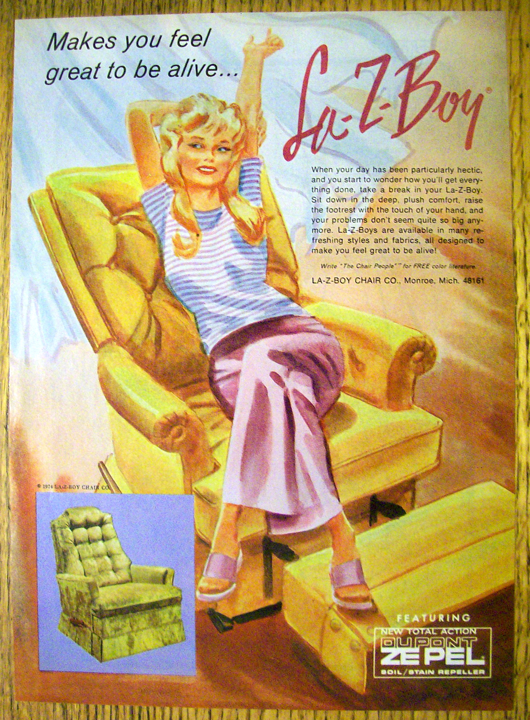 1974 Lazy Boy Chair with Woman Sitting & Stretching