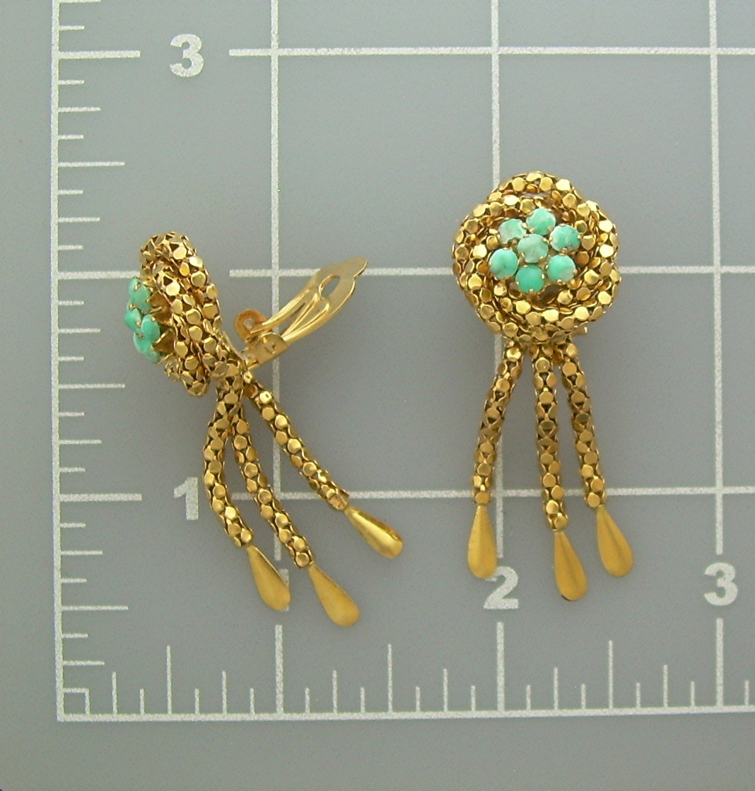 Gold and Turquoise Tassel Clip  Earrings