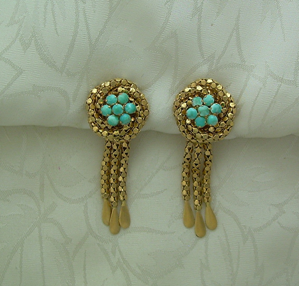 Gold and Turquoise Tassel Clip  Earrings