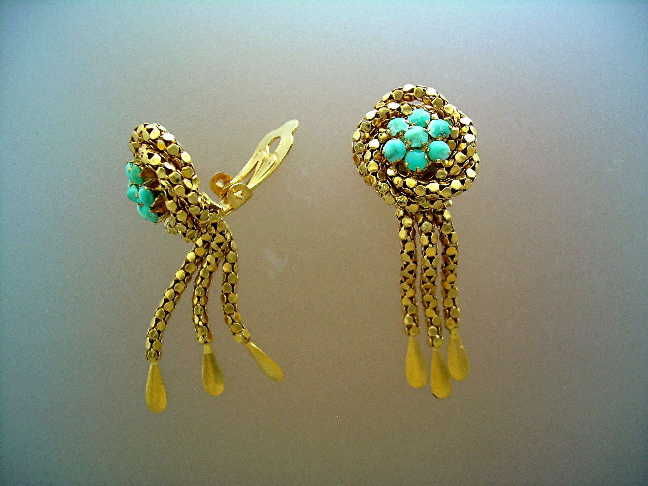 Gold and Turquoise Tassel Clip  Earrings
