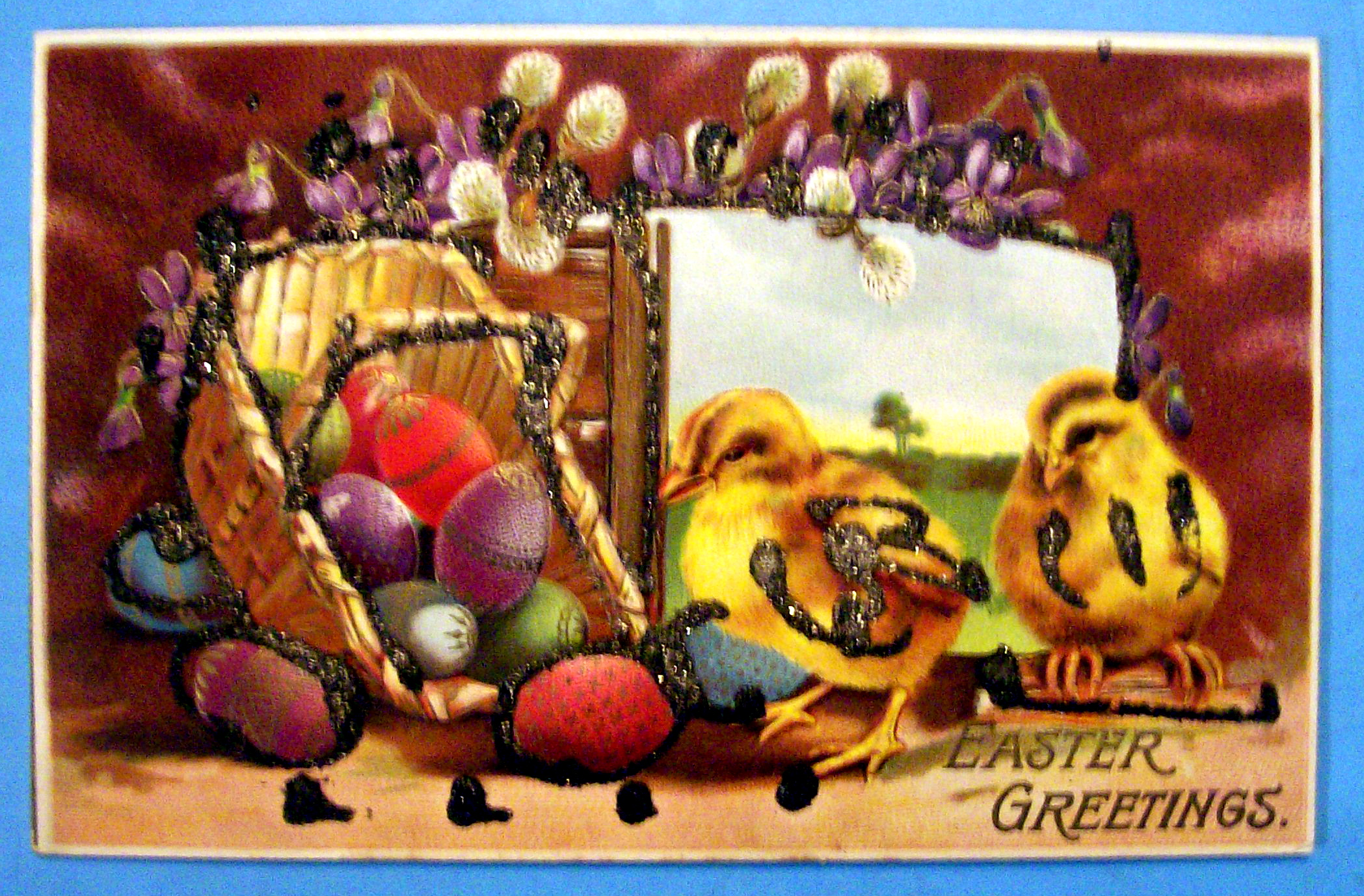 Easter Greetings Postcard w/Chicks Standing by Basket