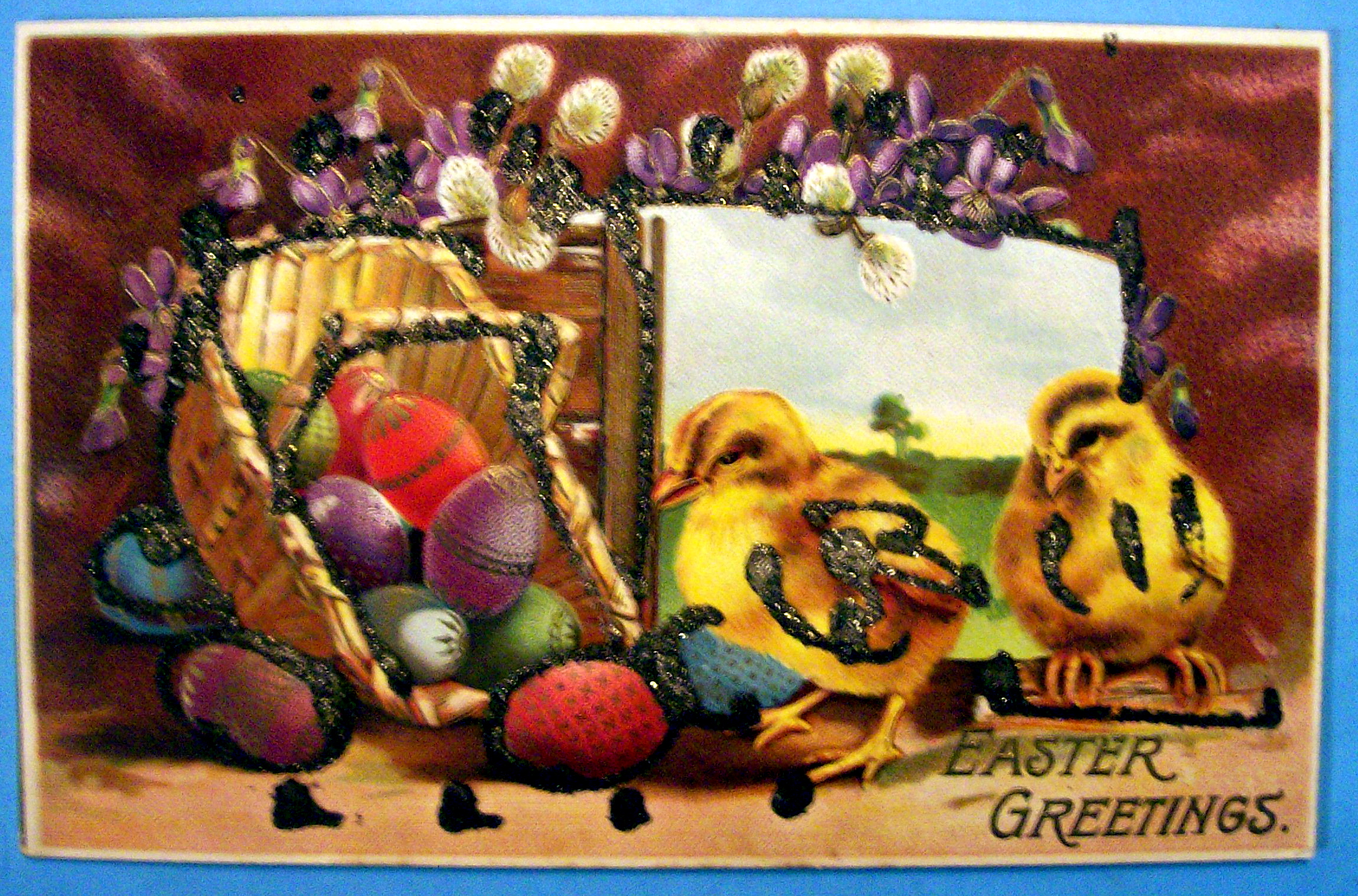 Easter Greetings Postcard w/Chicks Standing by Basket