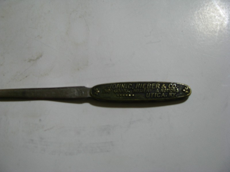 Antique Advertising Letter Opener John C. Hieber & Co. Utica NY Dry Goods Storefront