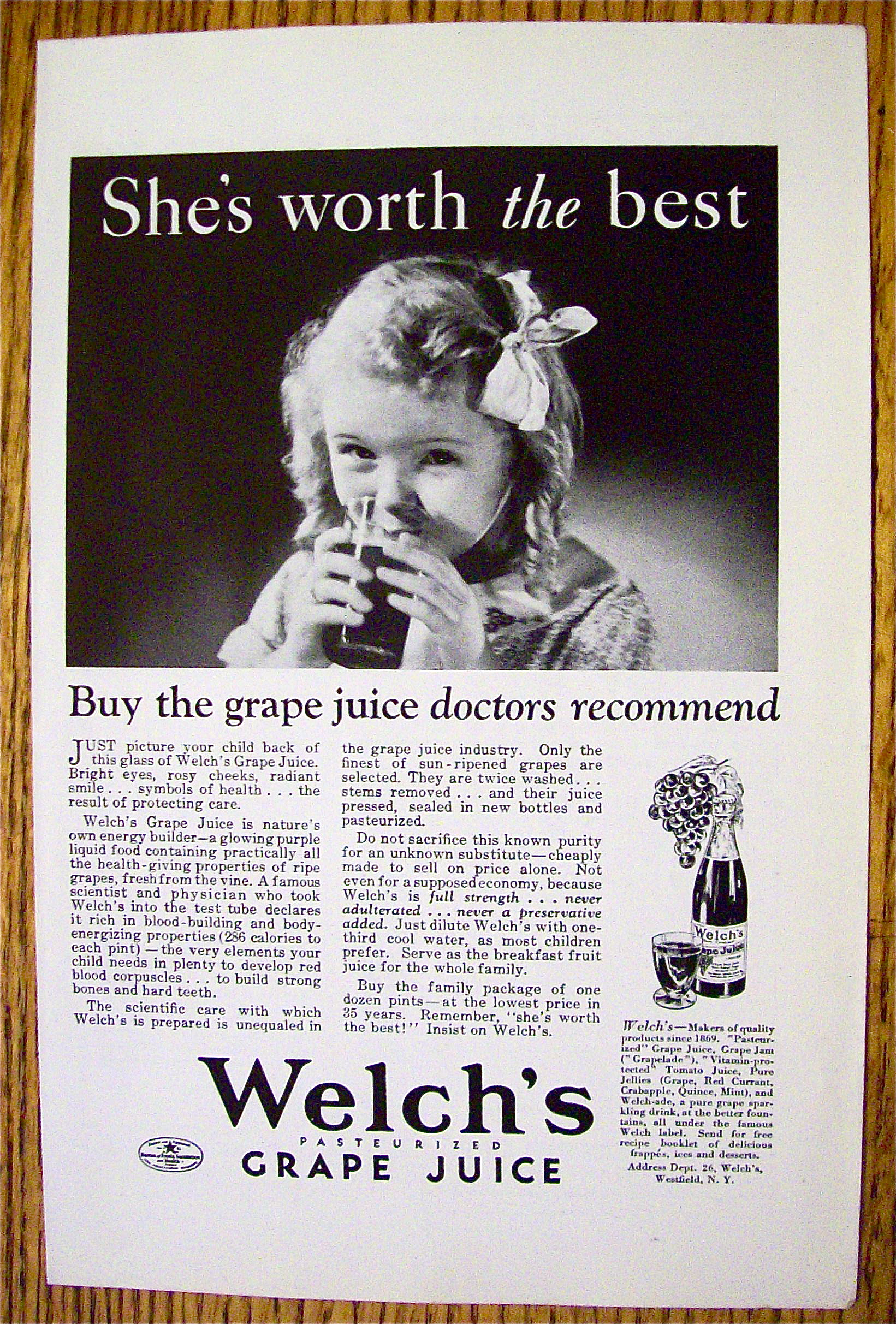 1932 Welch's Grape Juice w/ Little Girl Drinking Juice