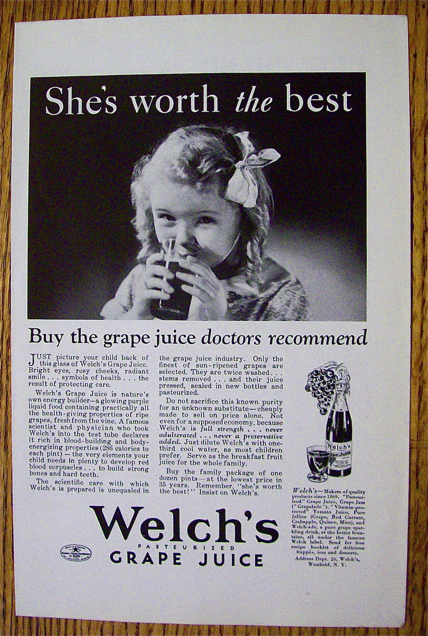1932 Welch's Grape Juice w/ Little Girl Drinking Juice
