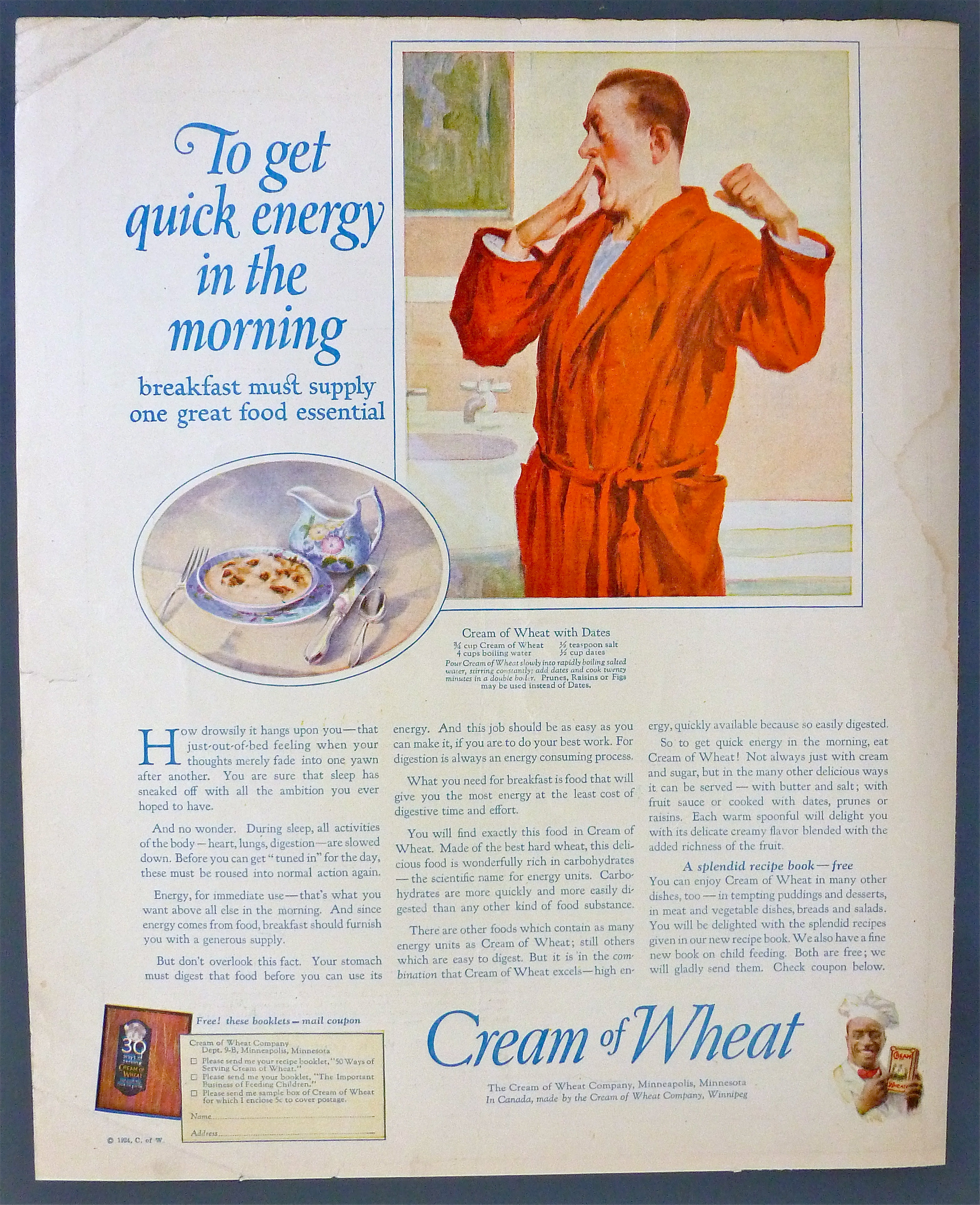 1924 Cream Of Wheat w/ Man Yawning