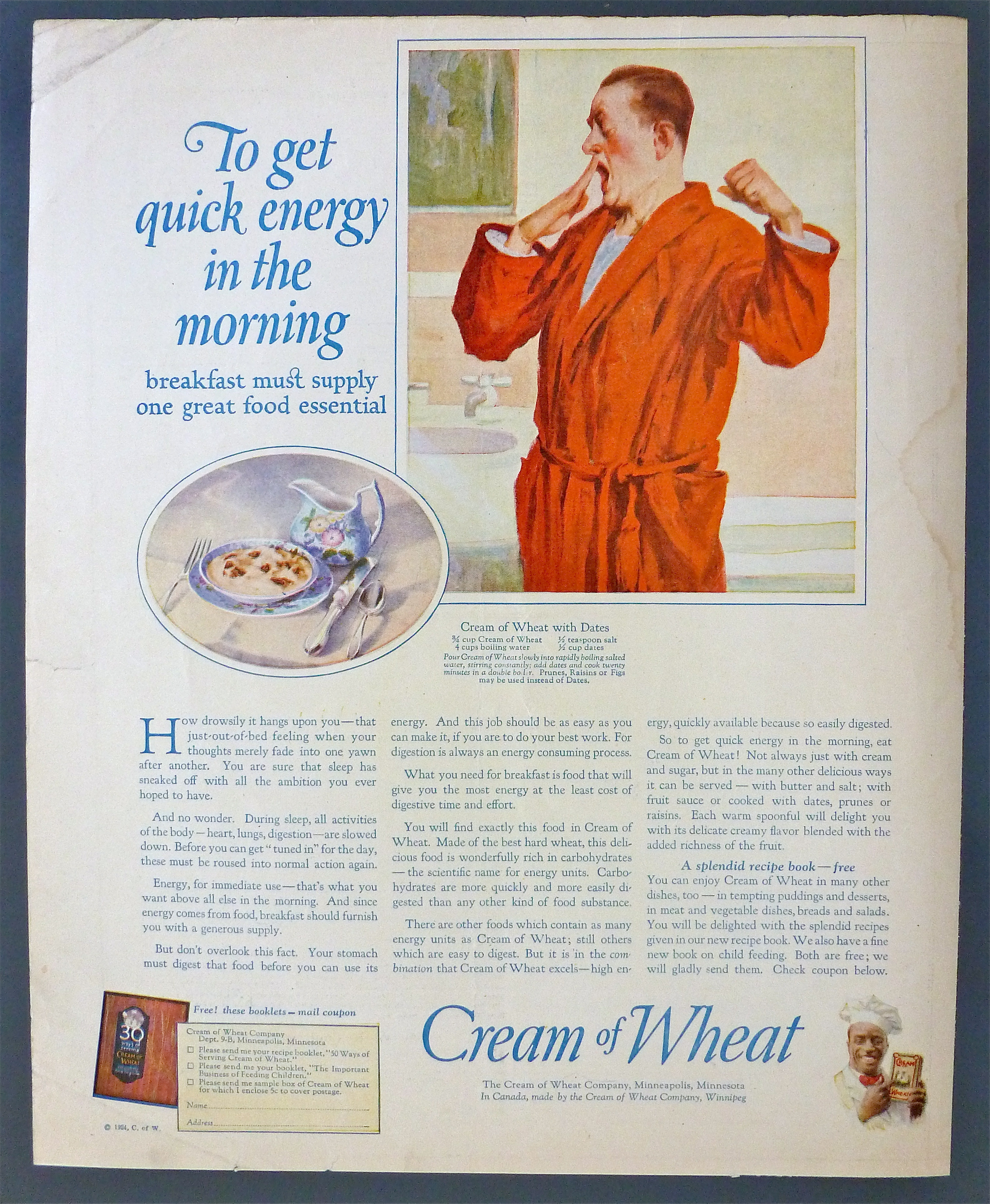1924 Cream Of Wheat w/ Man Yawning