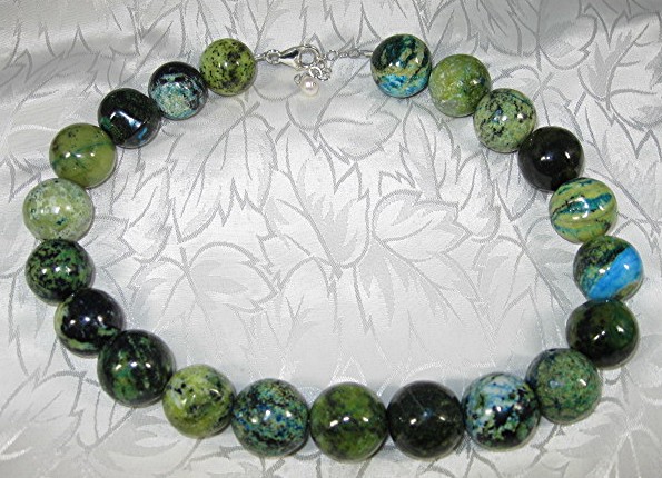 Necklace Crysocolla  Beads  19 Inch Blue Green Gold Mos