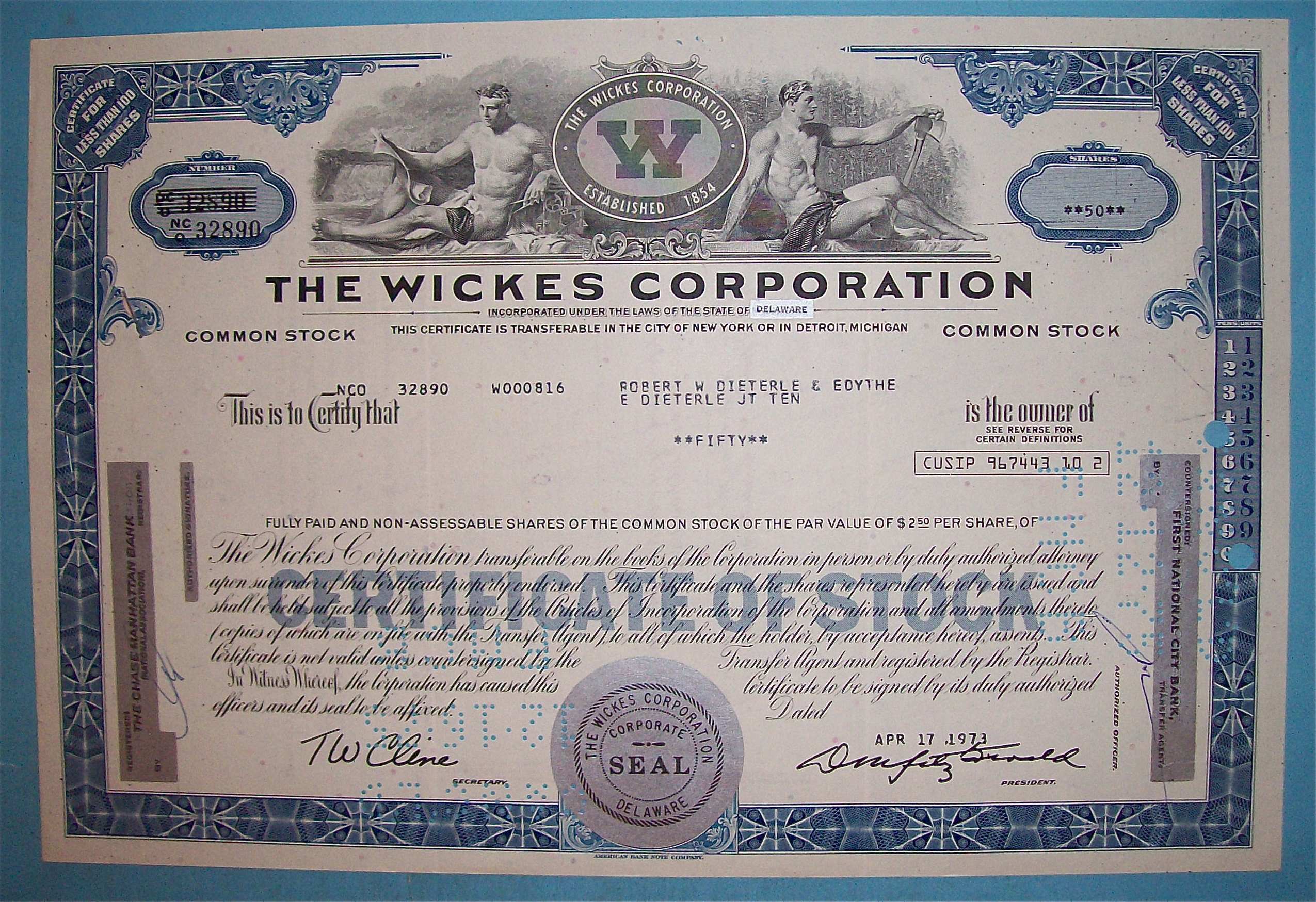 1973 Wickes Corporation Stock Certificate