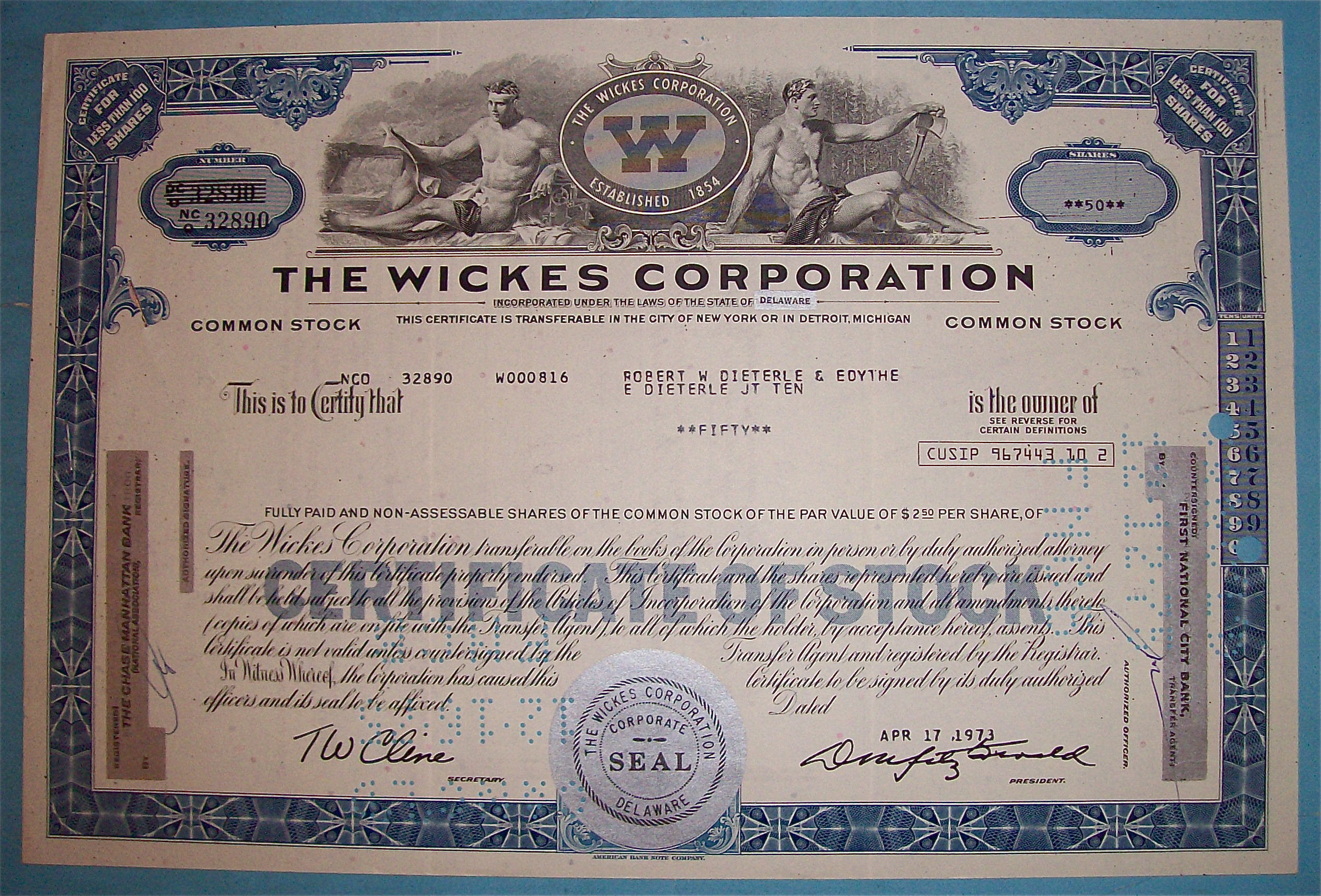 1973 Wickes Corporation Stock Certificate
