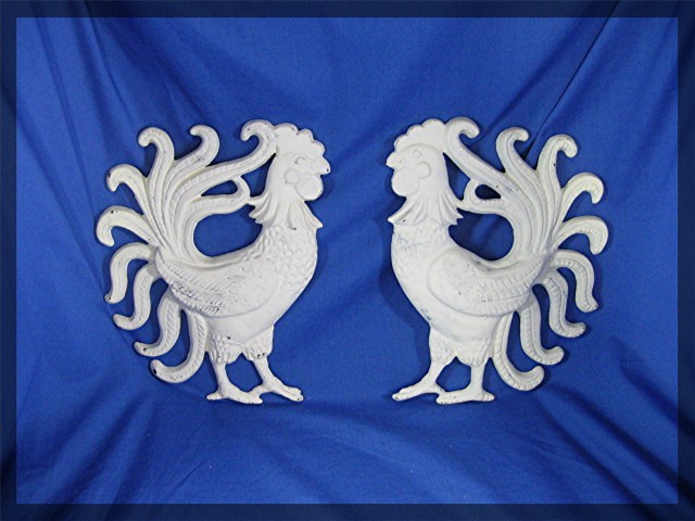 Pair Shabby Chic cast iron Roosters