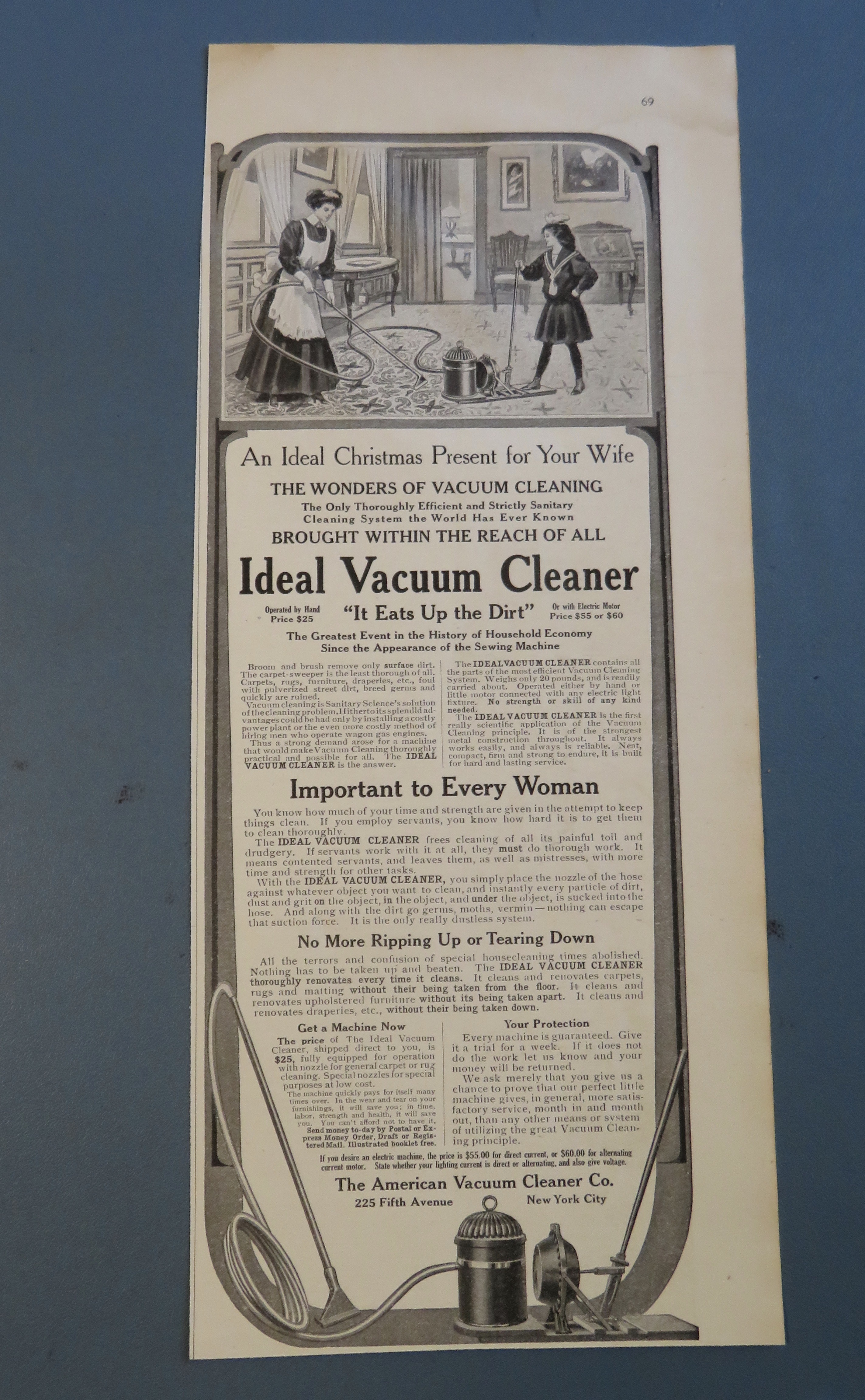 1908 Ideal Vacuum Cleaner with Woman Vacuuming