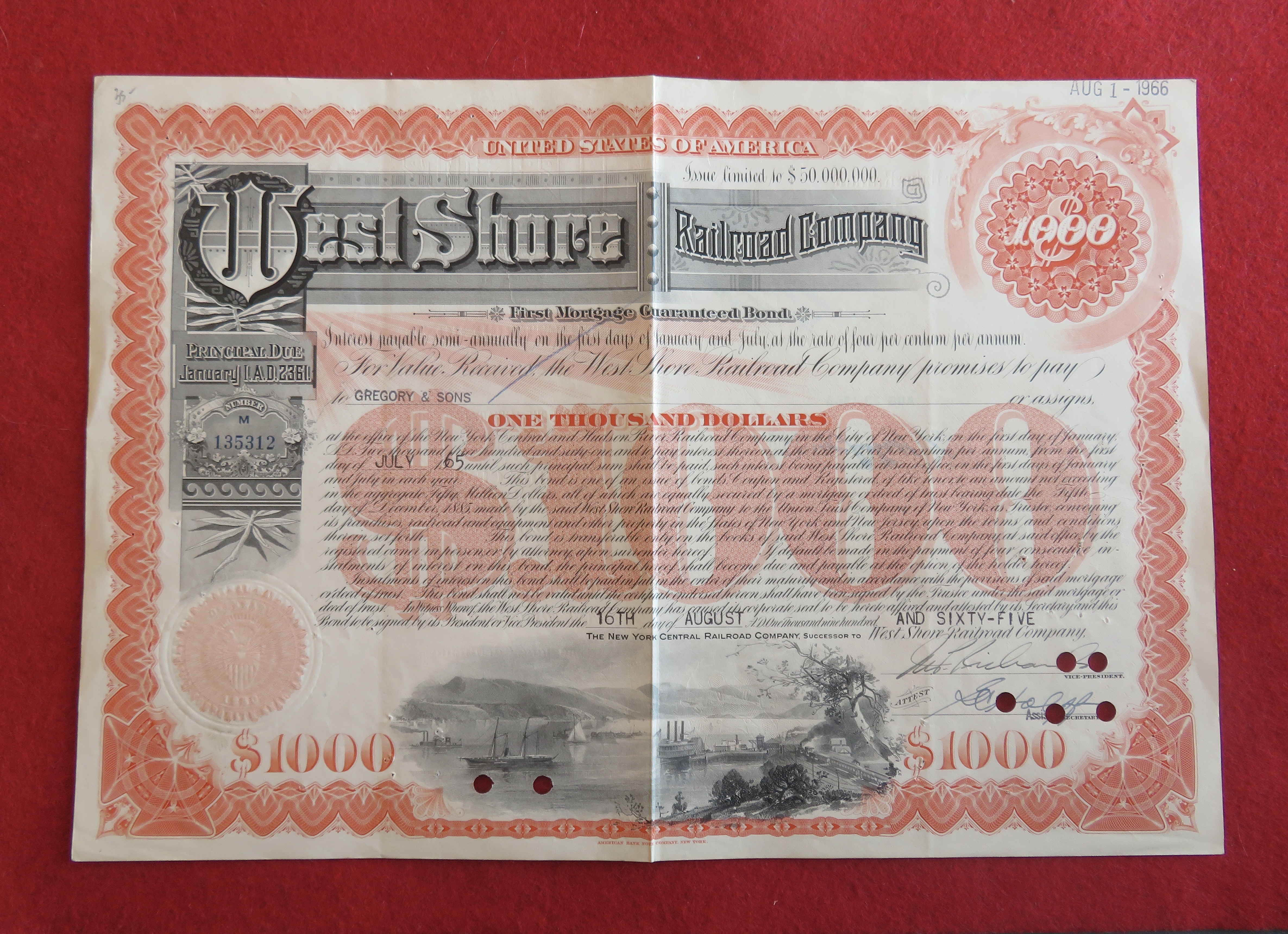 1965 West Shore Railroad Company Stock Certificate