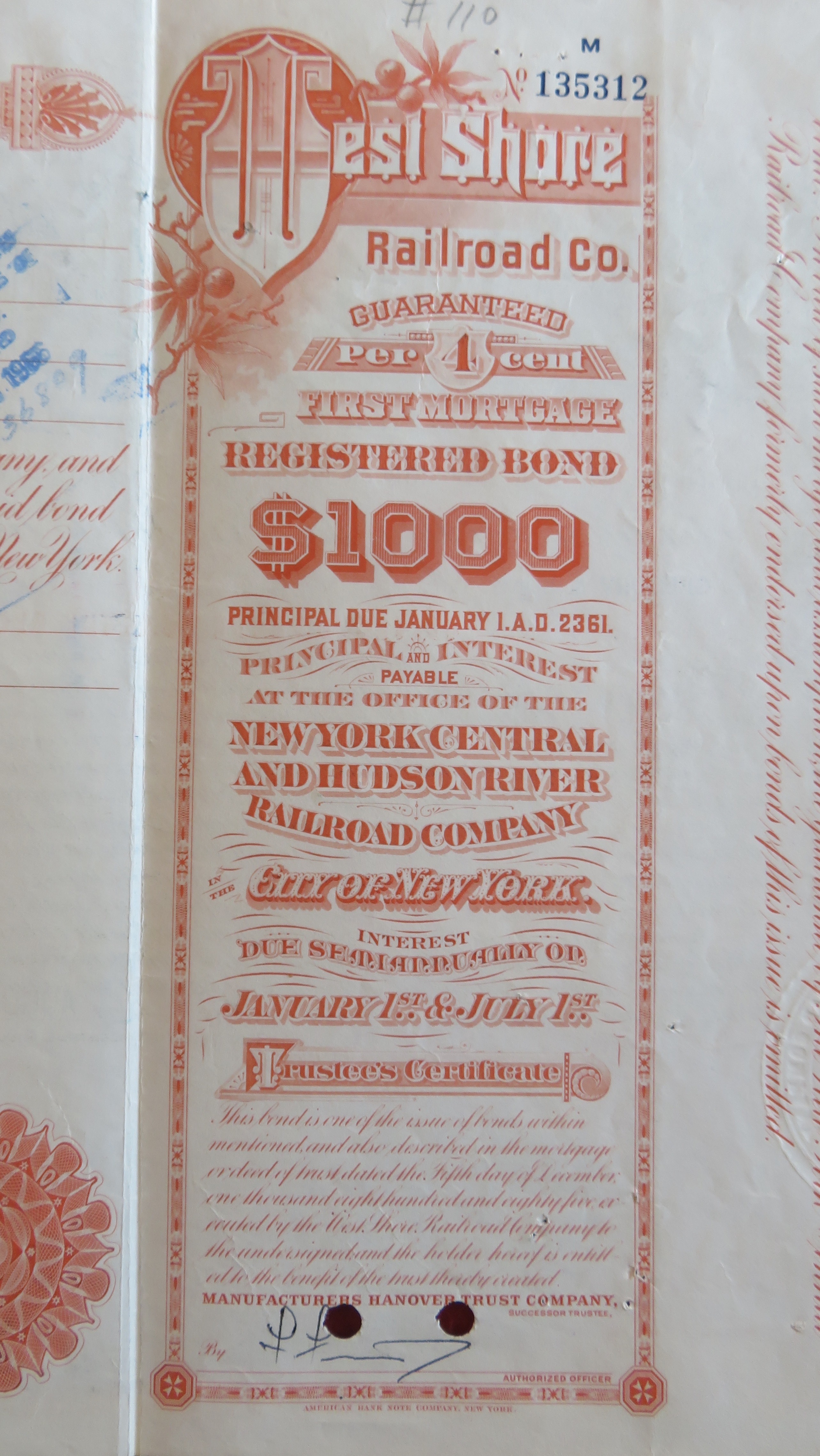 1965 West Shore Railroad Company Stock Certificate