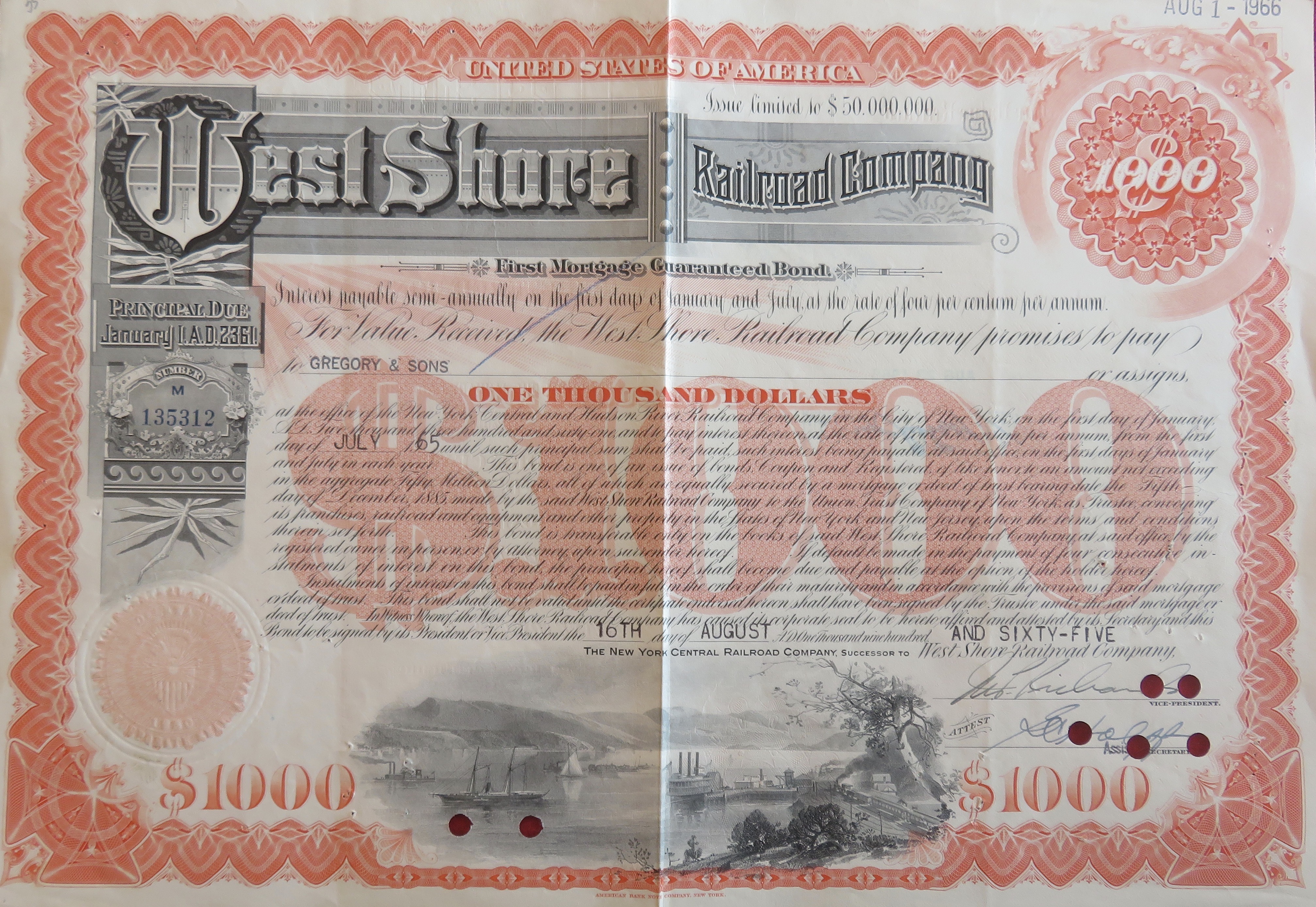1965 West Shore Railroad Company Stock Certificate