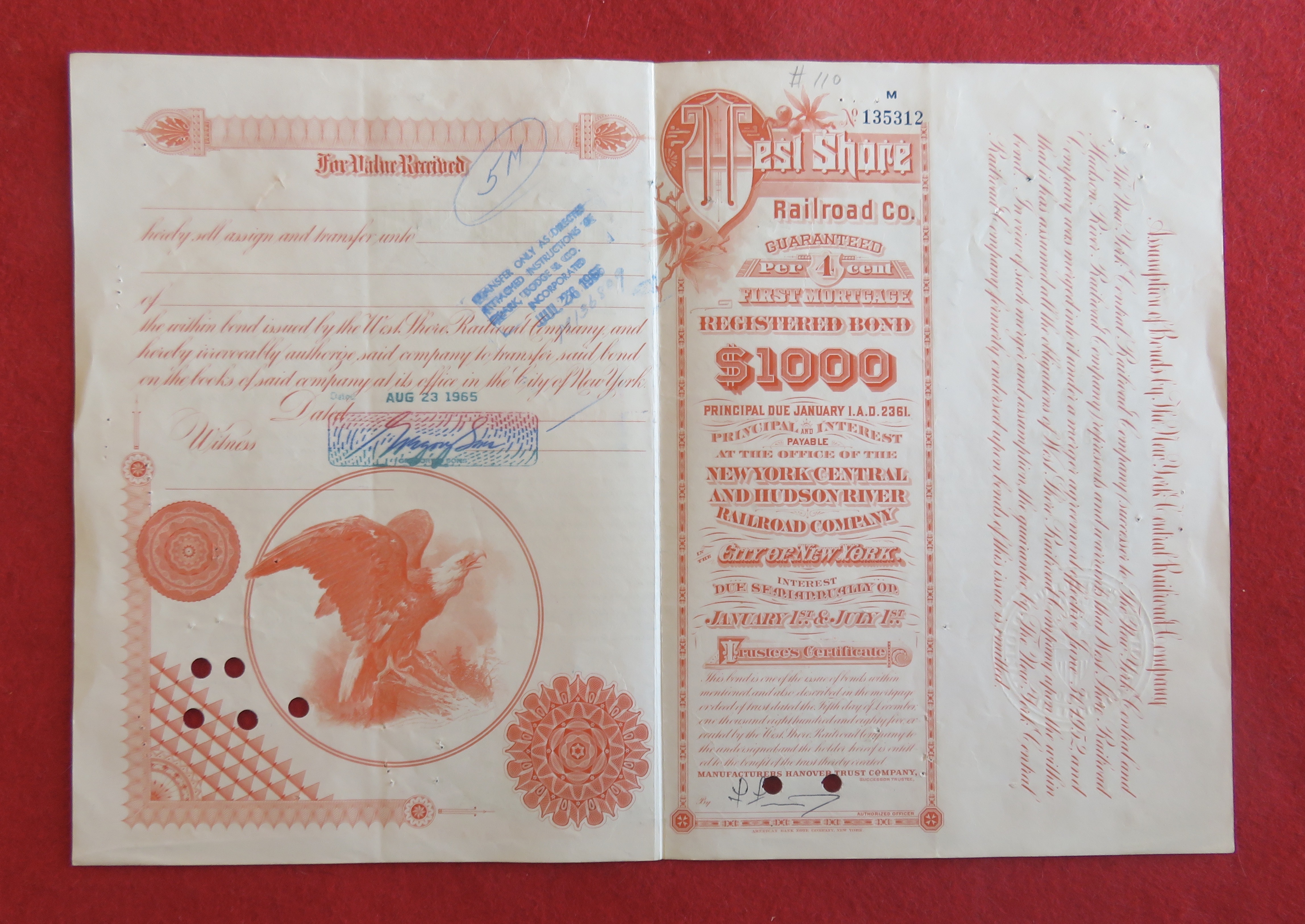1965 West Shore Railroad Company Stock Certificate