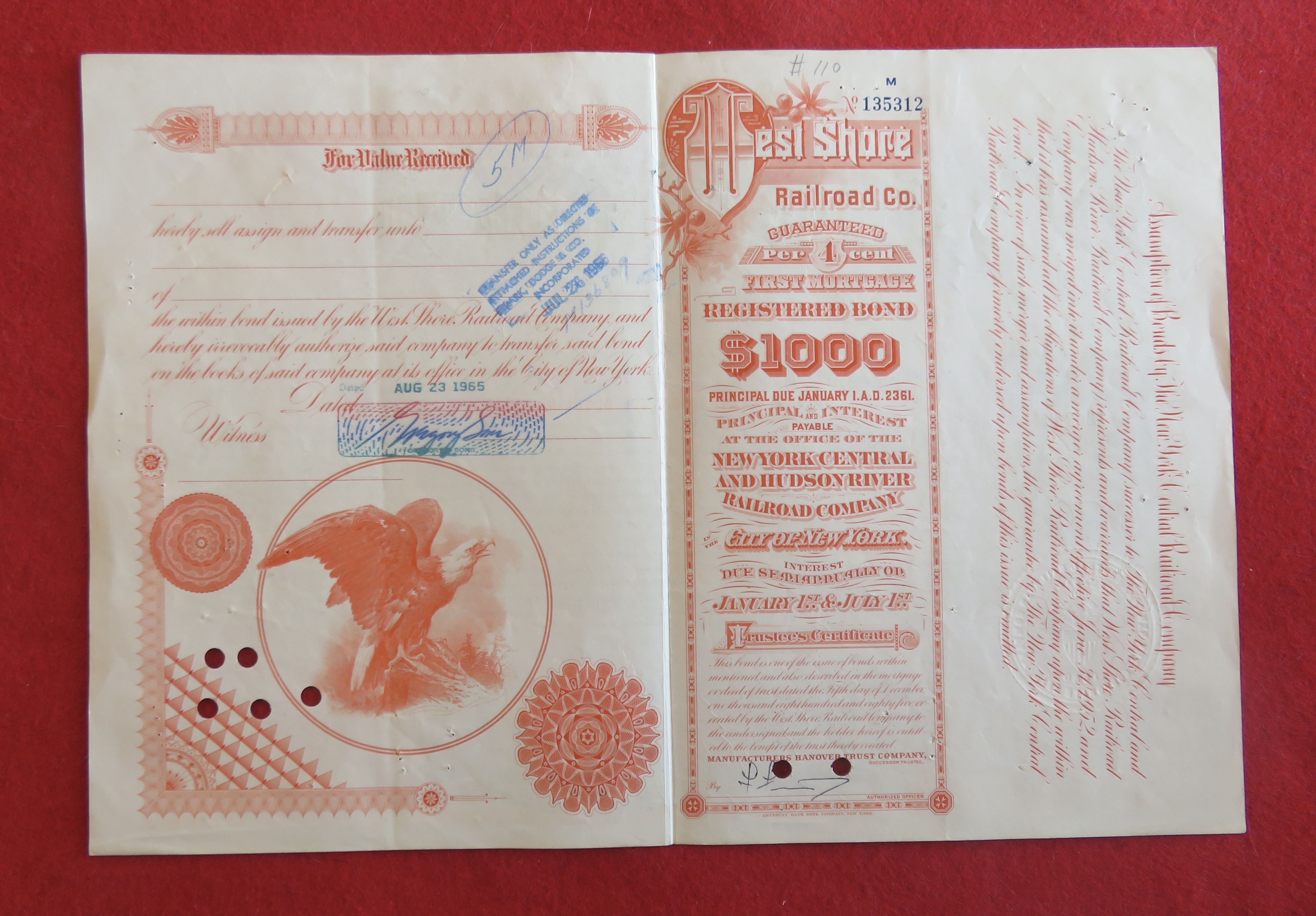 1965 West Shore Railroad Company Stock Certificate