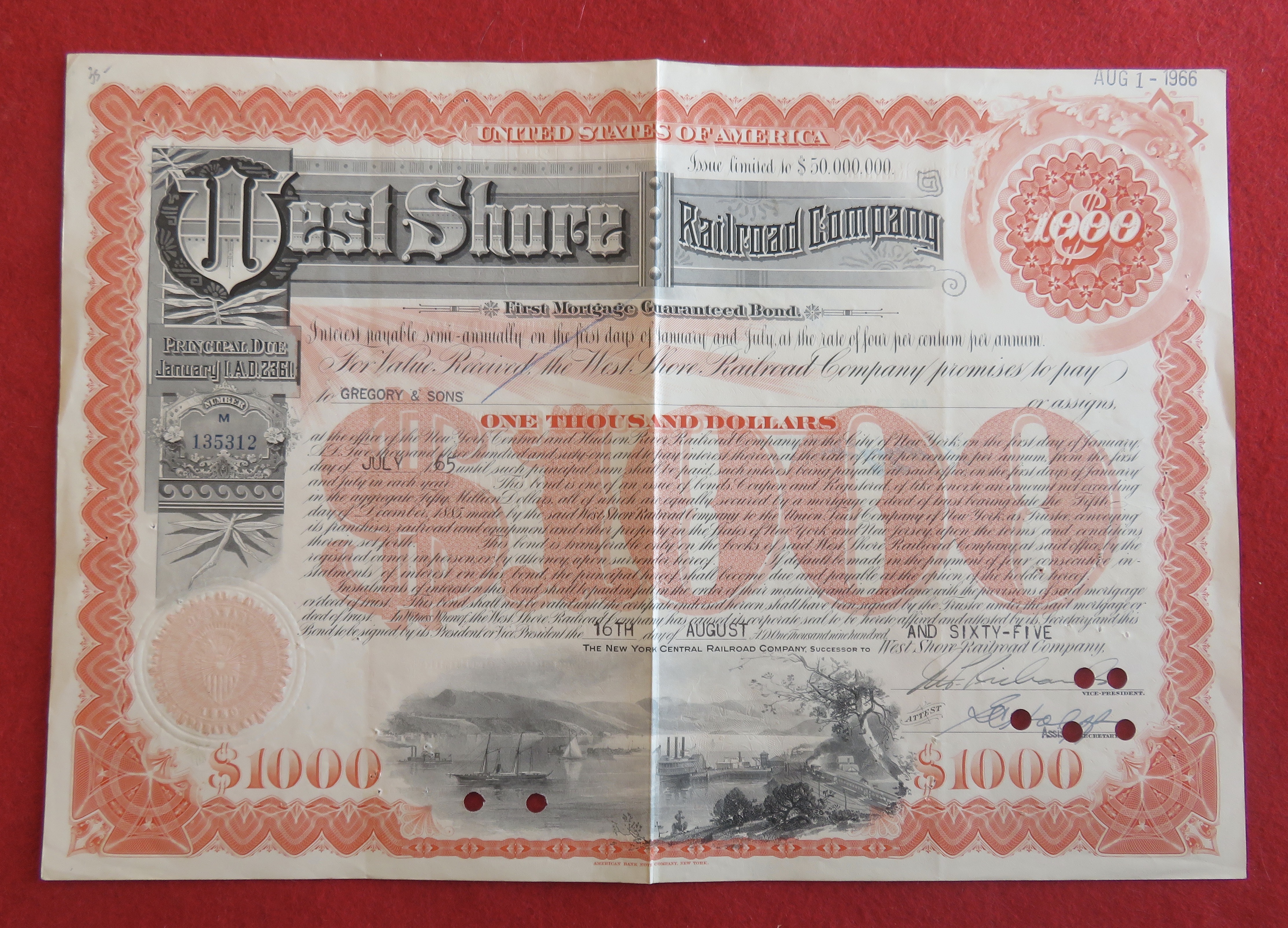 1965 West Shore Railroad Company Stock Certificate