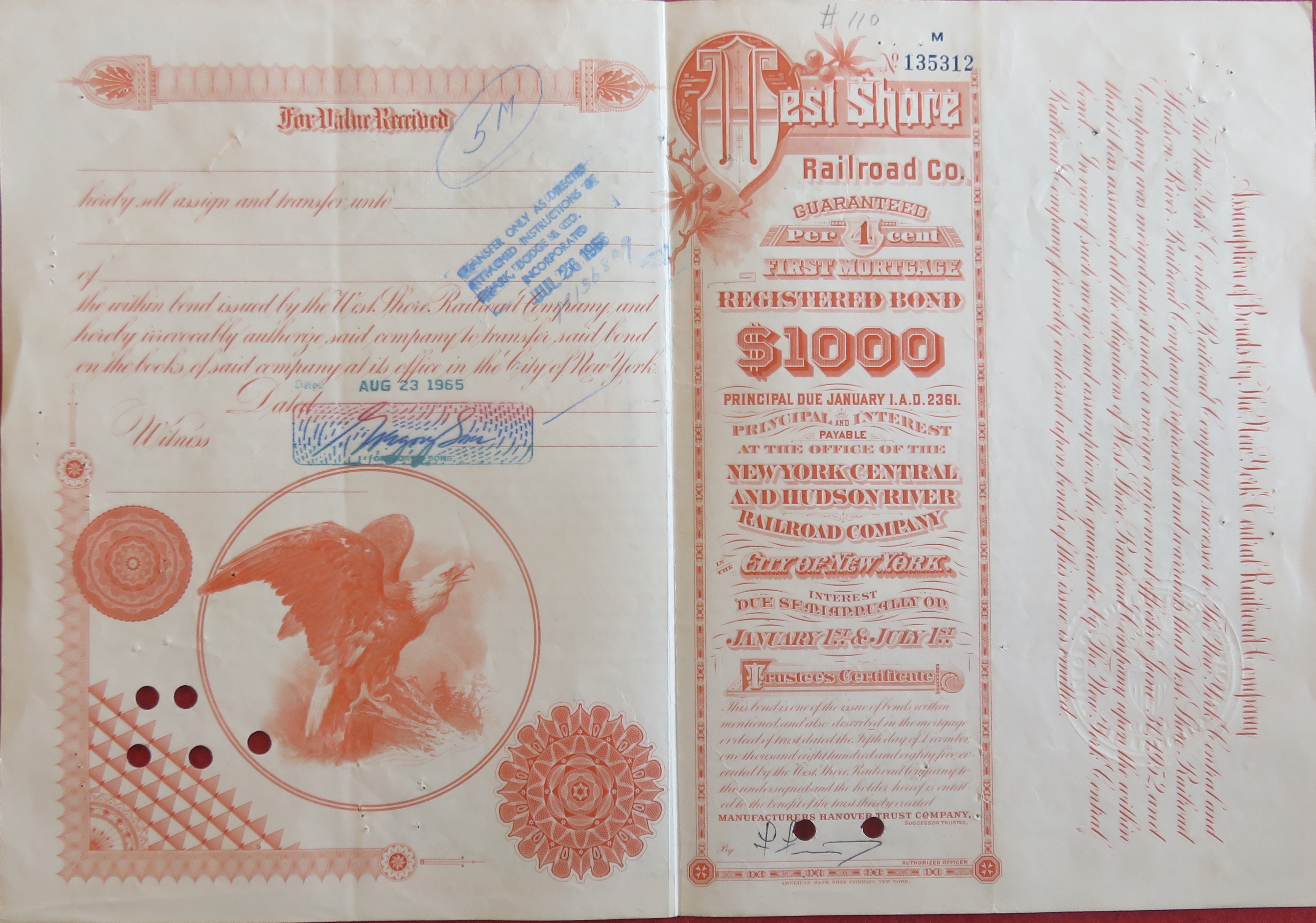 1965 West Shore Railroad Company Stock Certificate