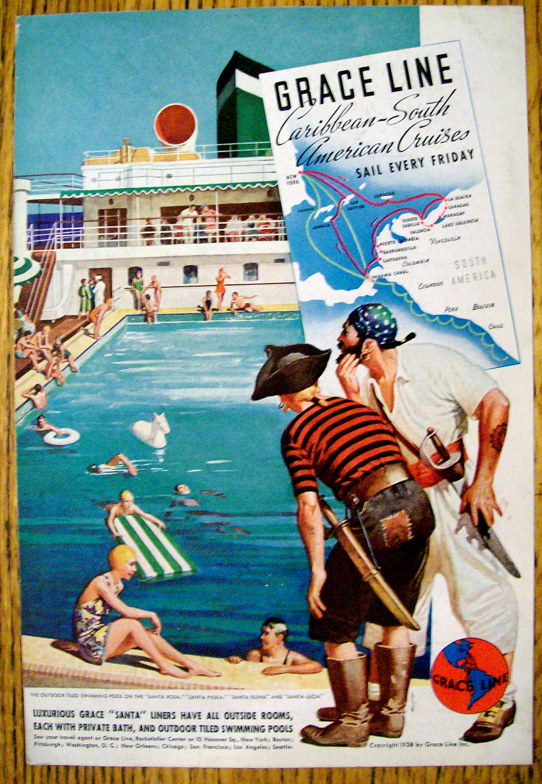 1939 Grace Line Cruises w/ Two Pirates Looking at Pool