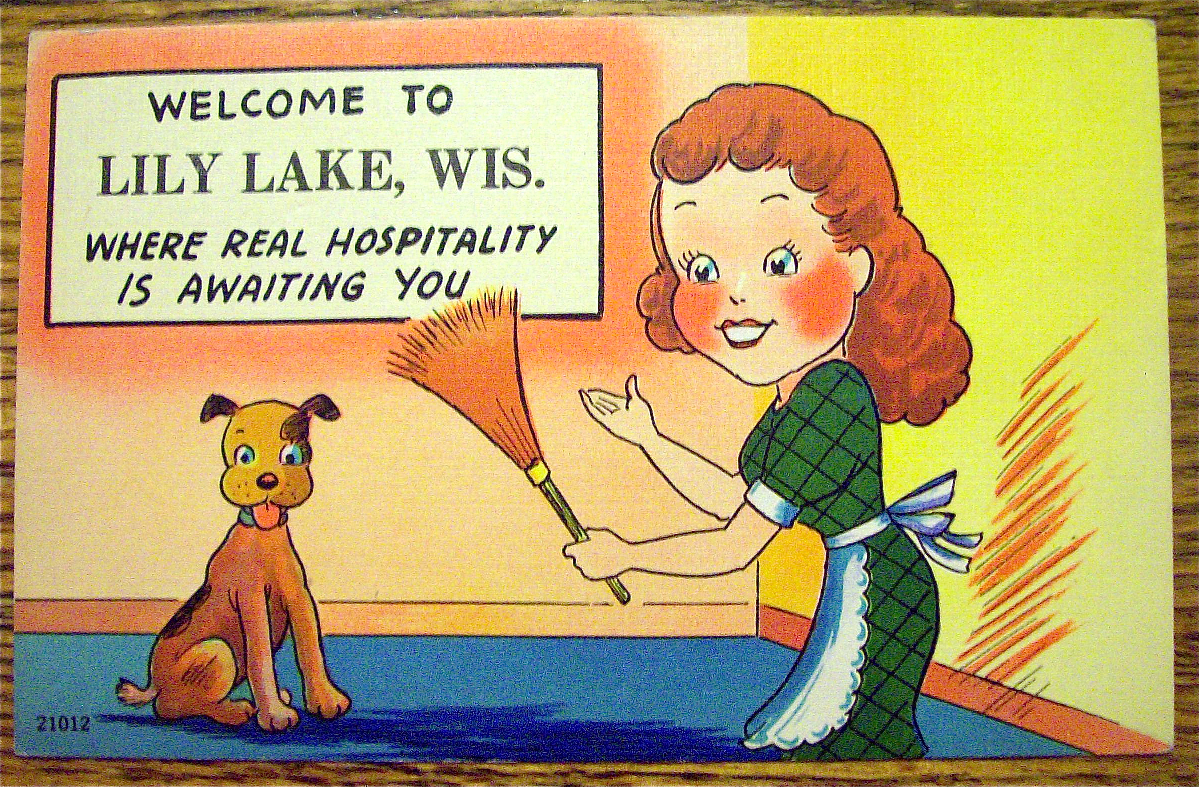 Woman Cleaning With Dog Sitting Postcard