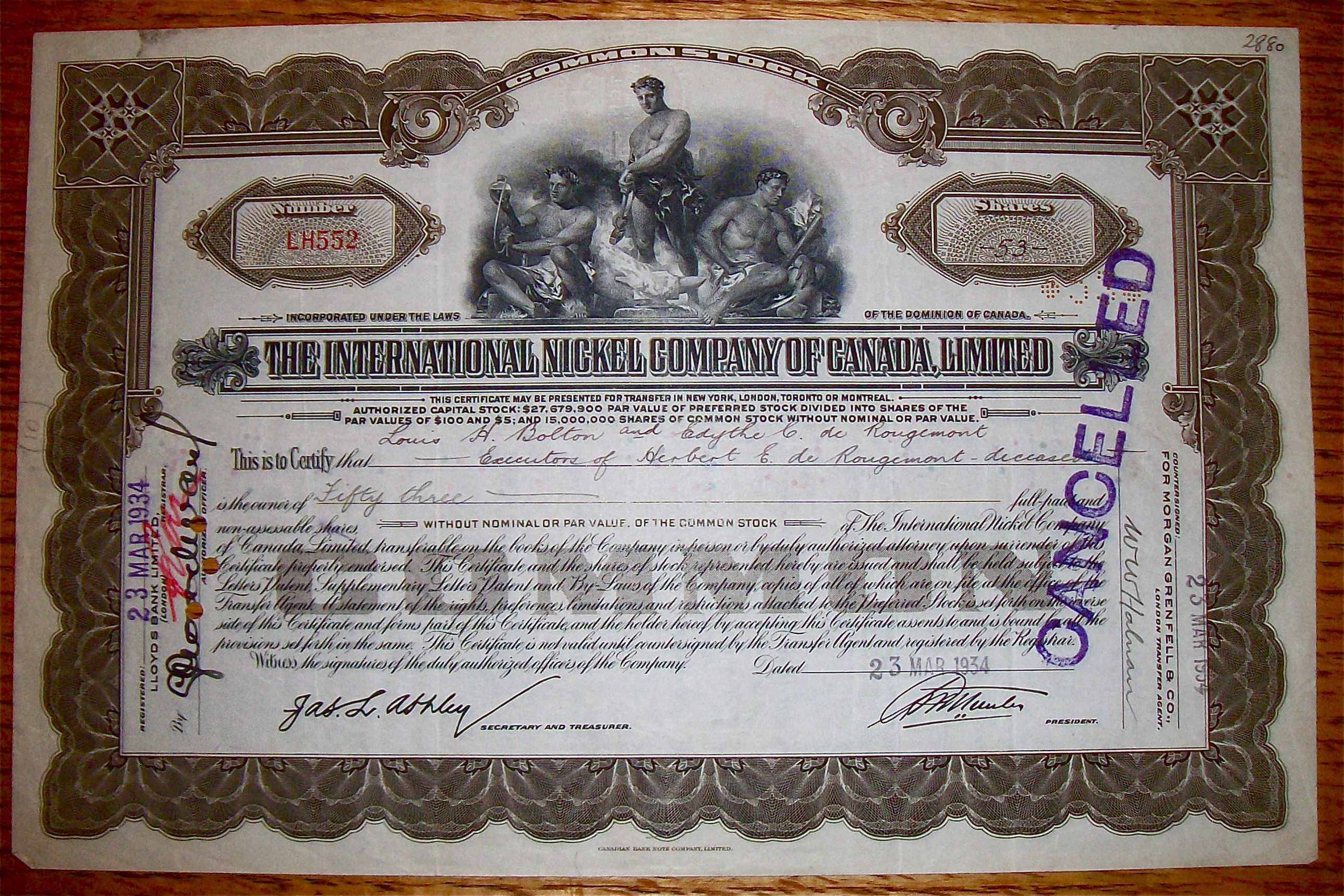1934 International Nickel Company Of Canada Stock