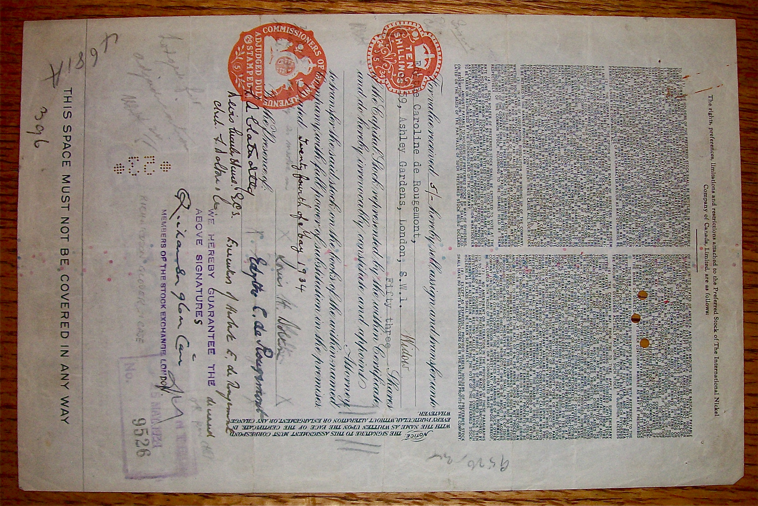 1934 International Nickel Company Of Canada Stock