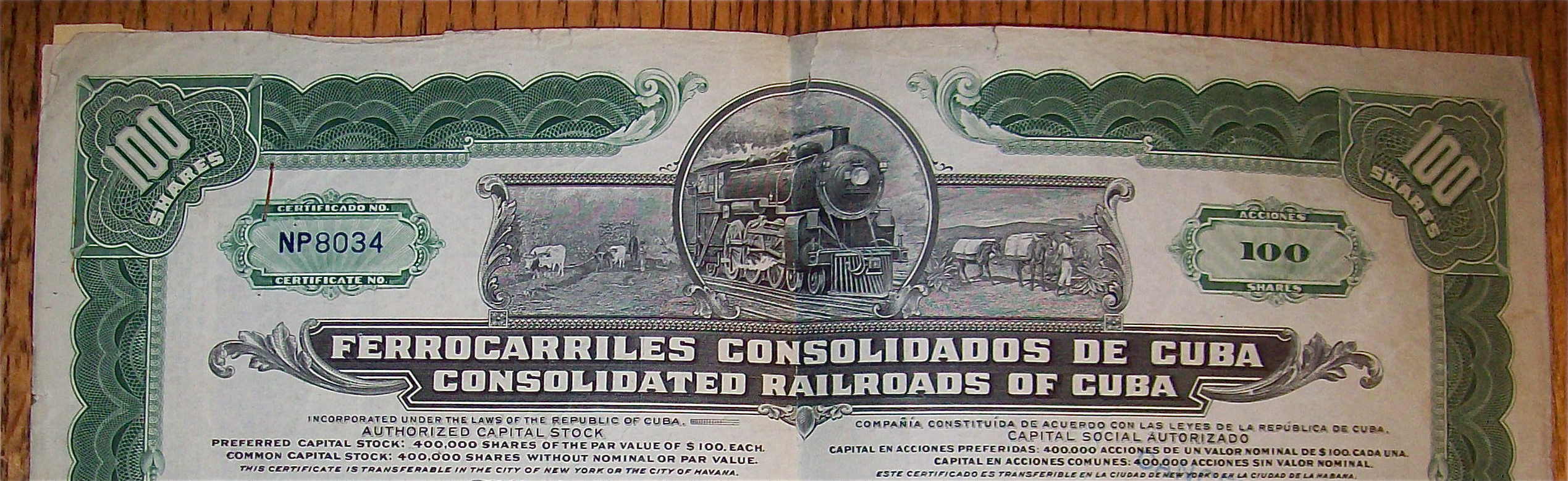 1929 Consolidated Railroads Of Cuba 100 Shares Stock