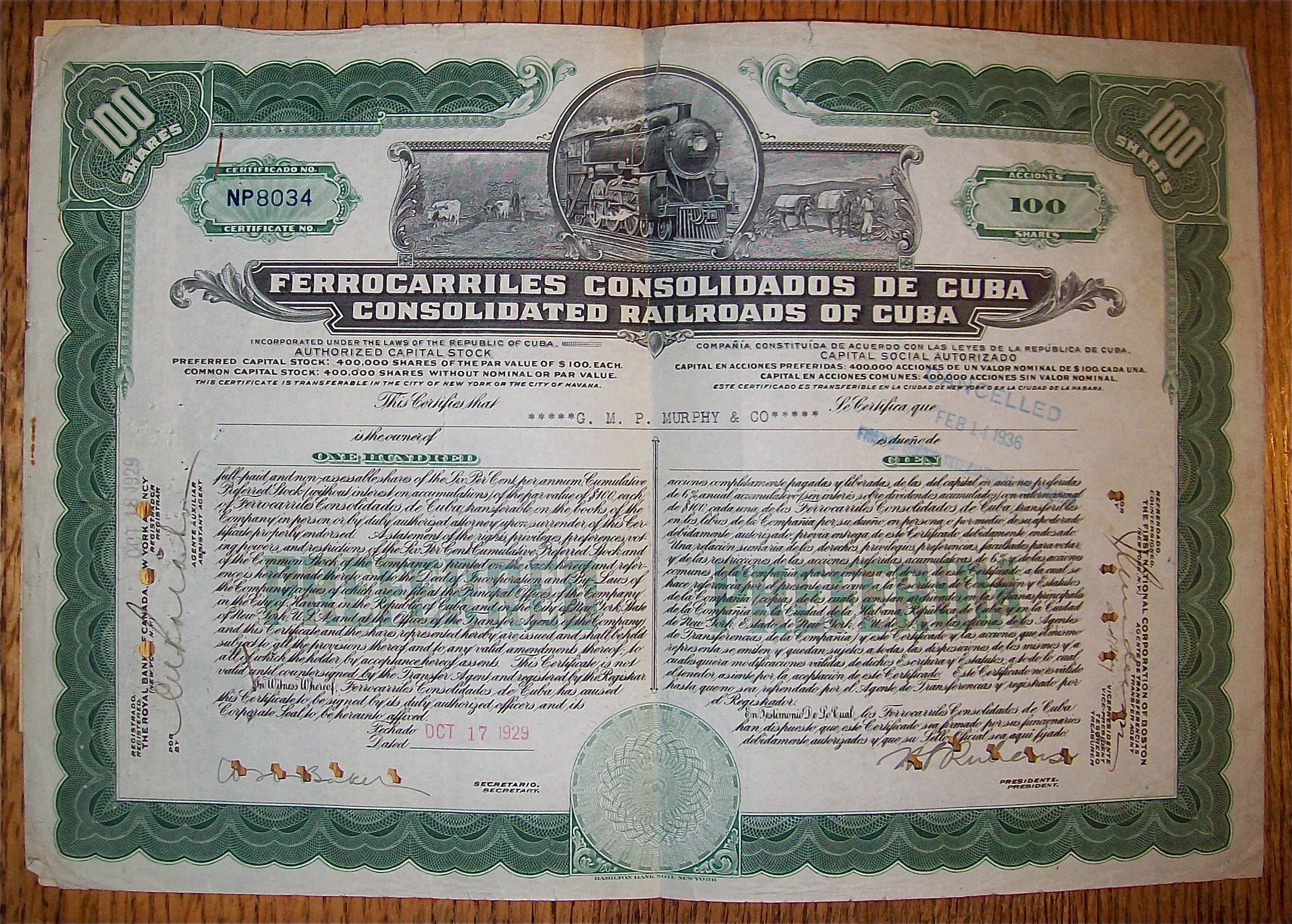 1929 Consolidated Railroads Of Cuba 100 Shares Stock