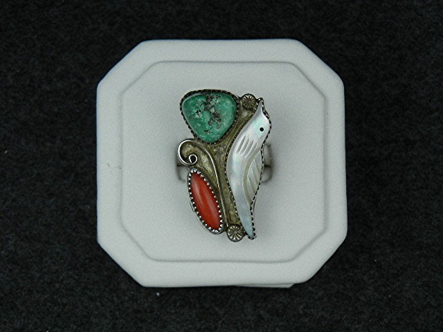Native American Zuni Sterling Silver Coral MOP Ring