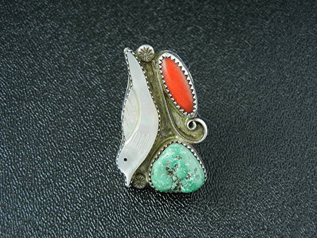 Native American Zuni Sterling Silver Coral MOP Ring