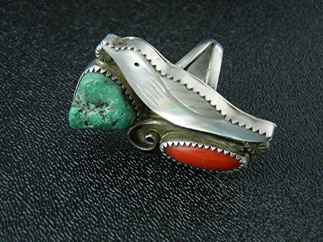Native American Zuni Sterling Silver Coral MOP Ring