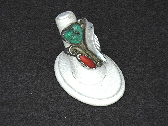 Native American Zuni Sterling Silver Coral MOP Ring