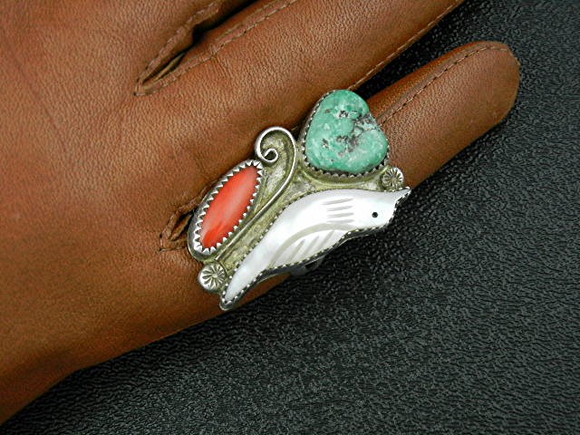 Native American Zuni Sterling Silver Coral MOP Ring