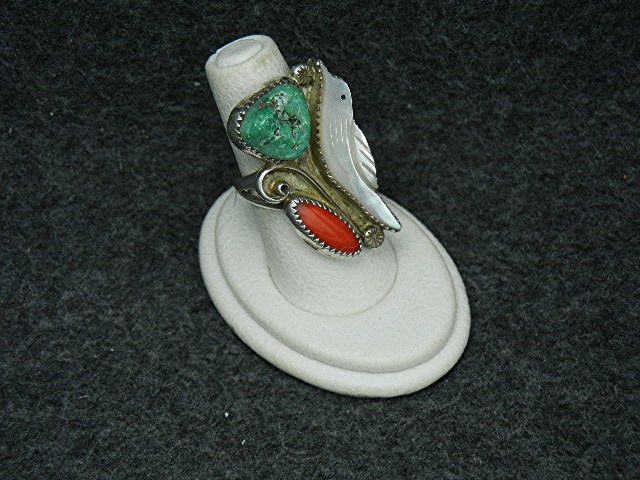 Native American Zuni Sterling Silver Coral MOP Ring