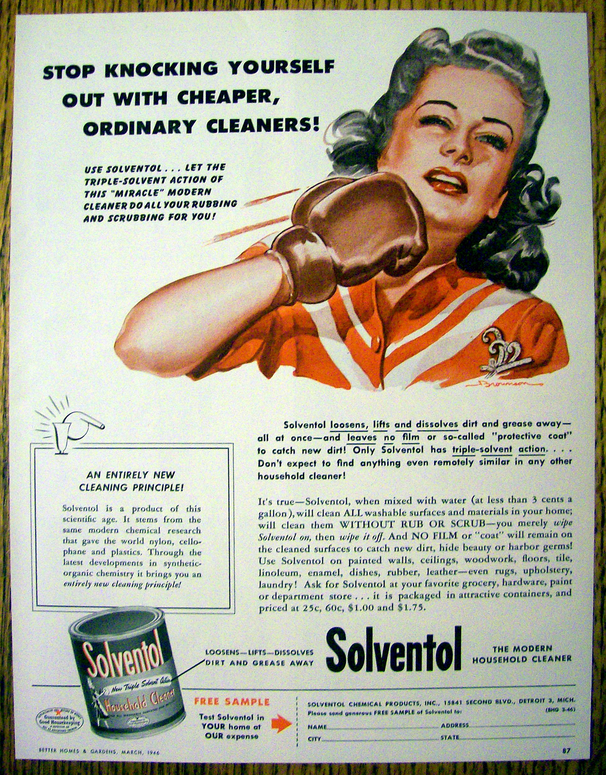 1946 Solventol HouseHold Cleaner w/Woman Punching Self