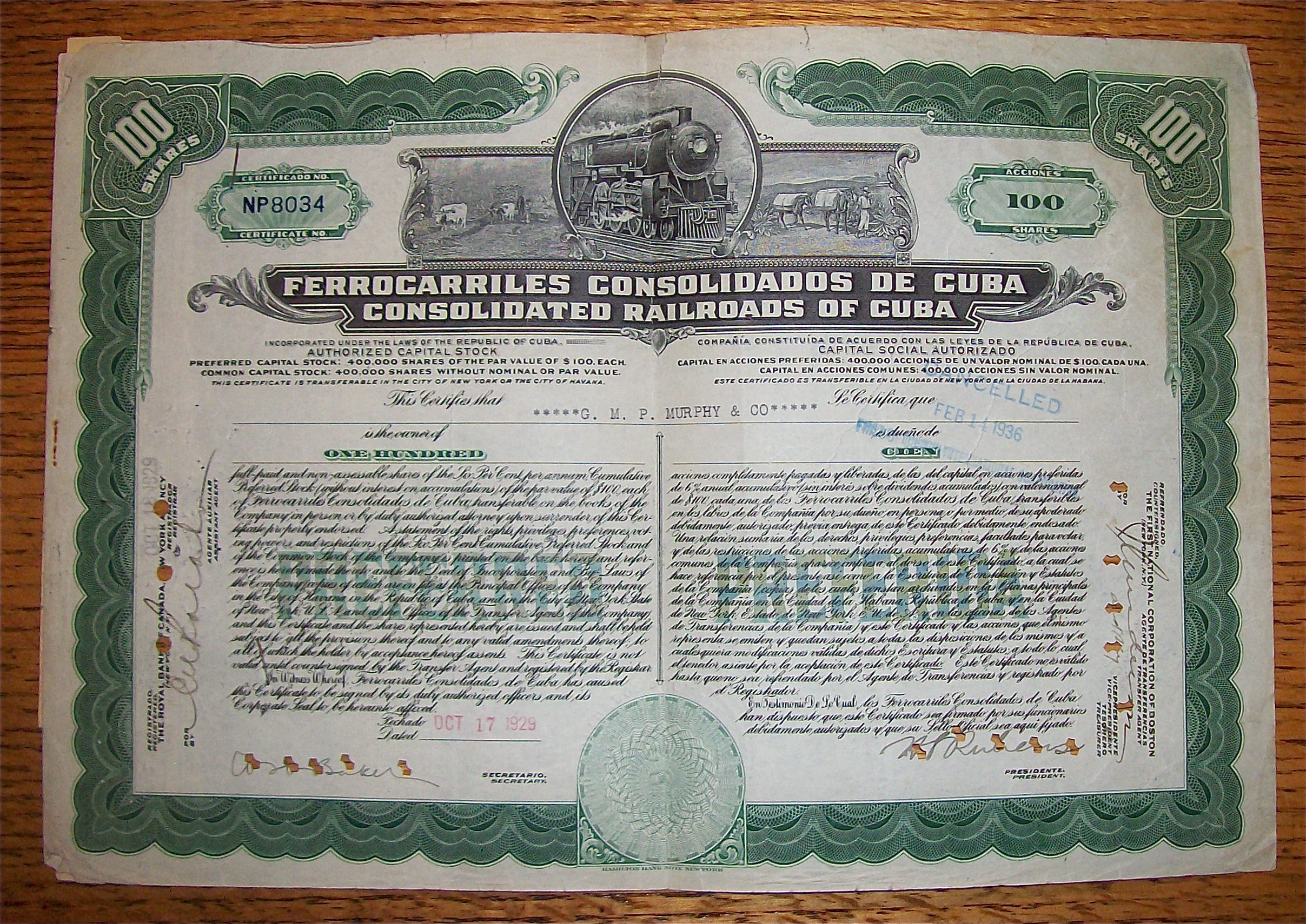1929 Consolidated Railroads Of Cuba 100 Shares Stock