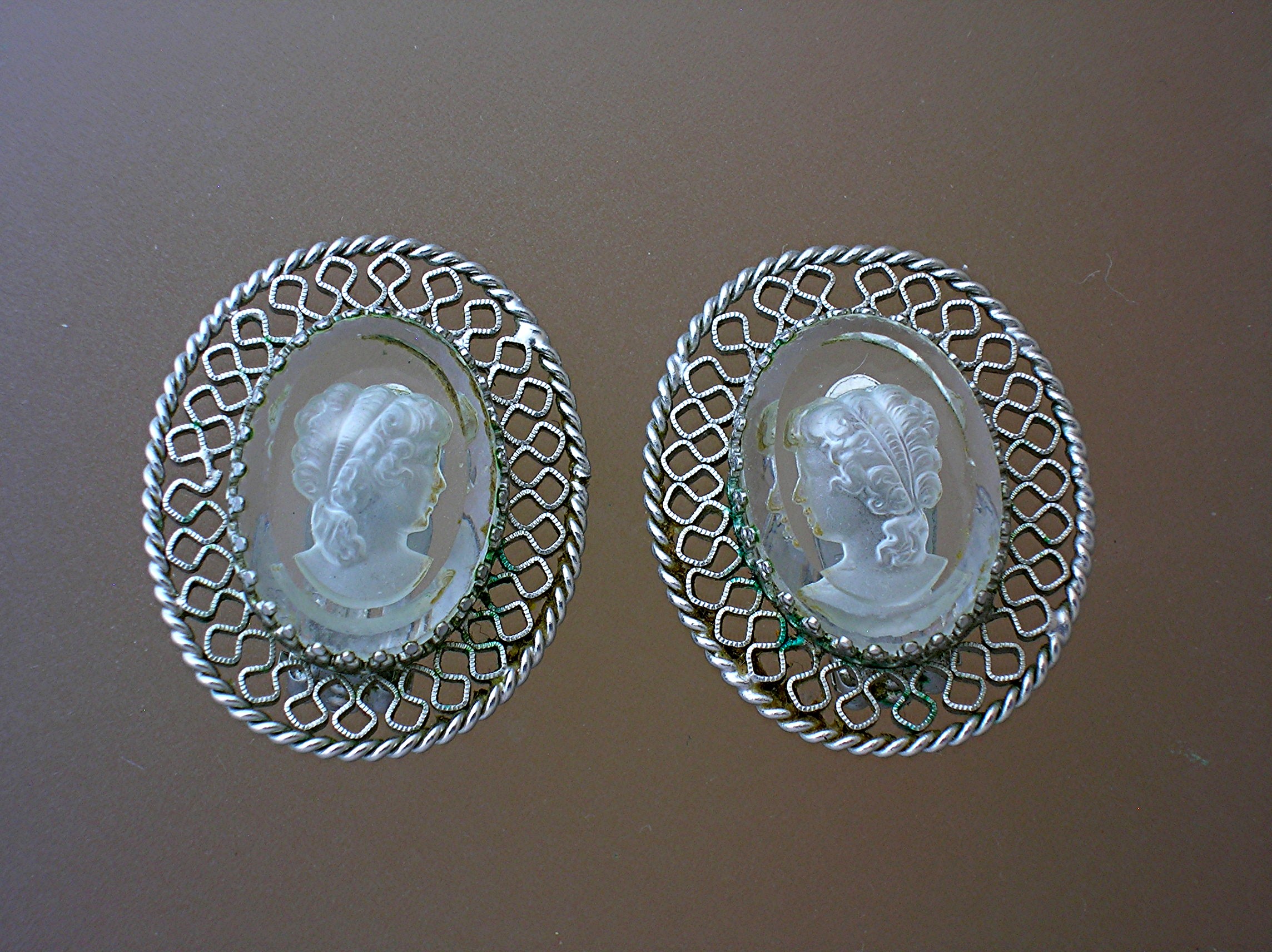 WHITING & DAVIS Filigree Cameo Earrings.