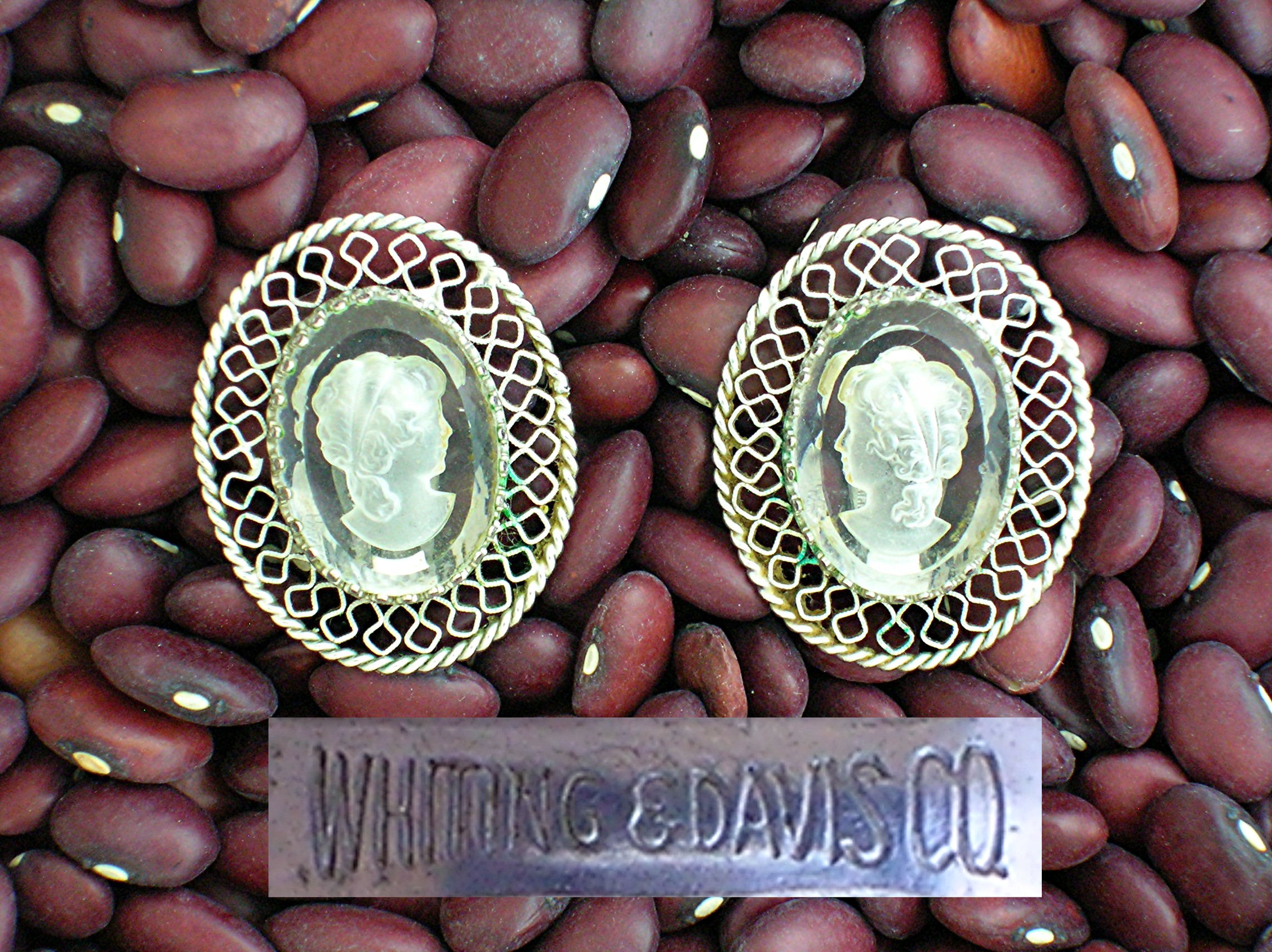 WHITING & DAVIS Filigree Cameo Earrings.