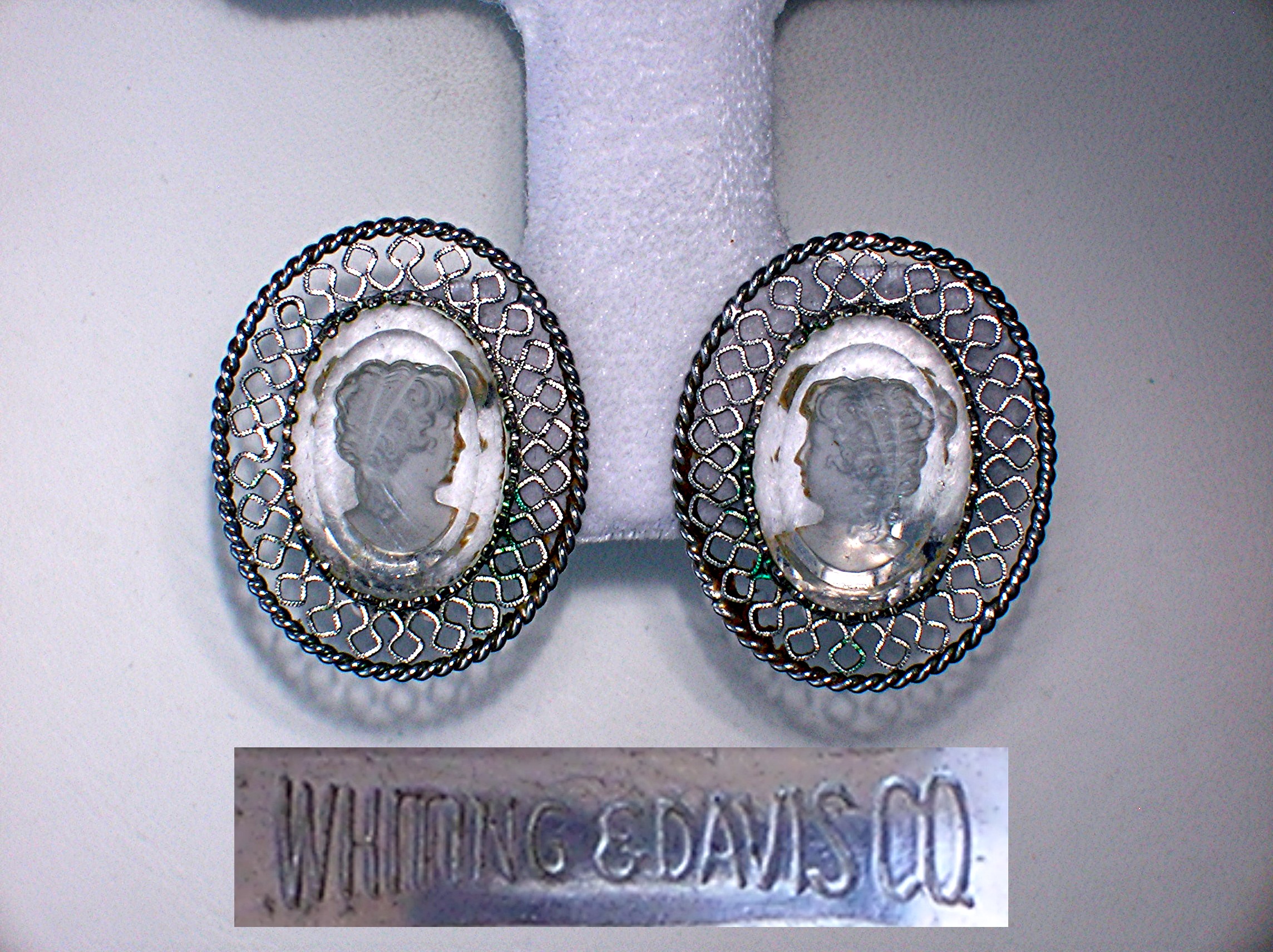 WHITING & DAVIS Filigree Cameo Earrings.