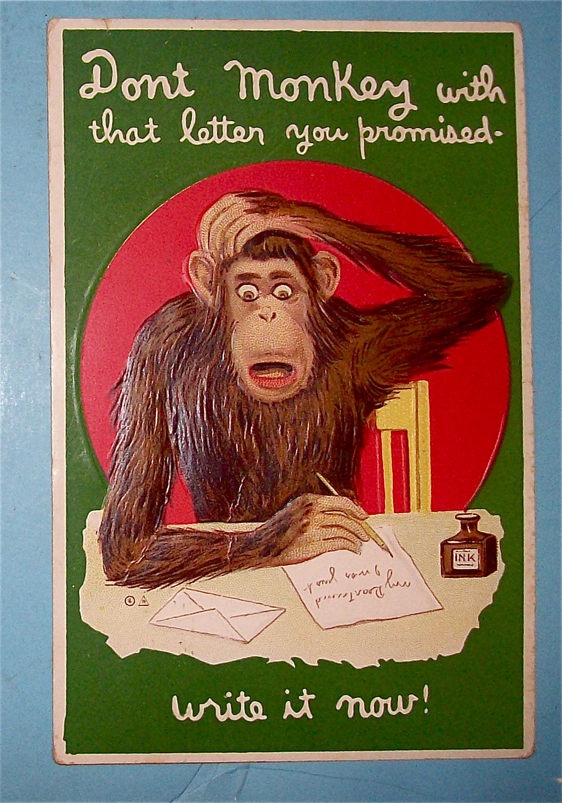 Monkey Writing A Letter While Scratching Head Postcard