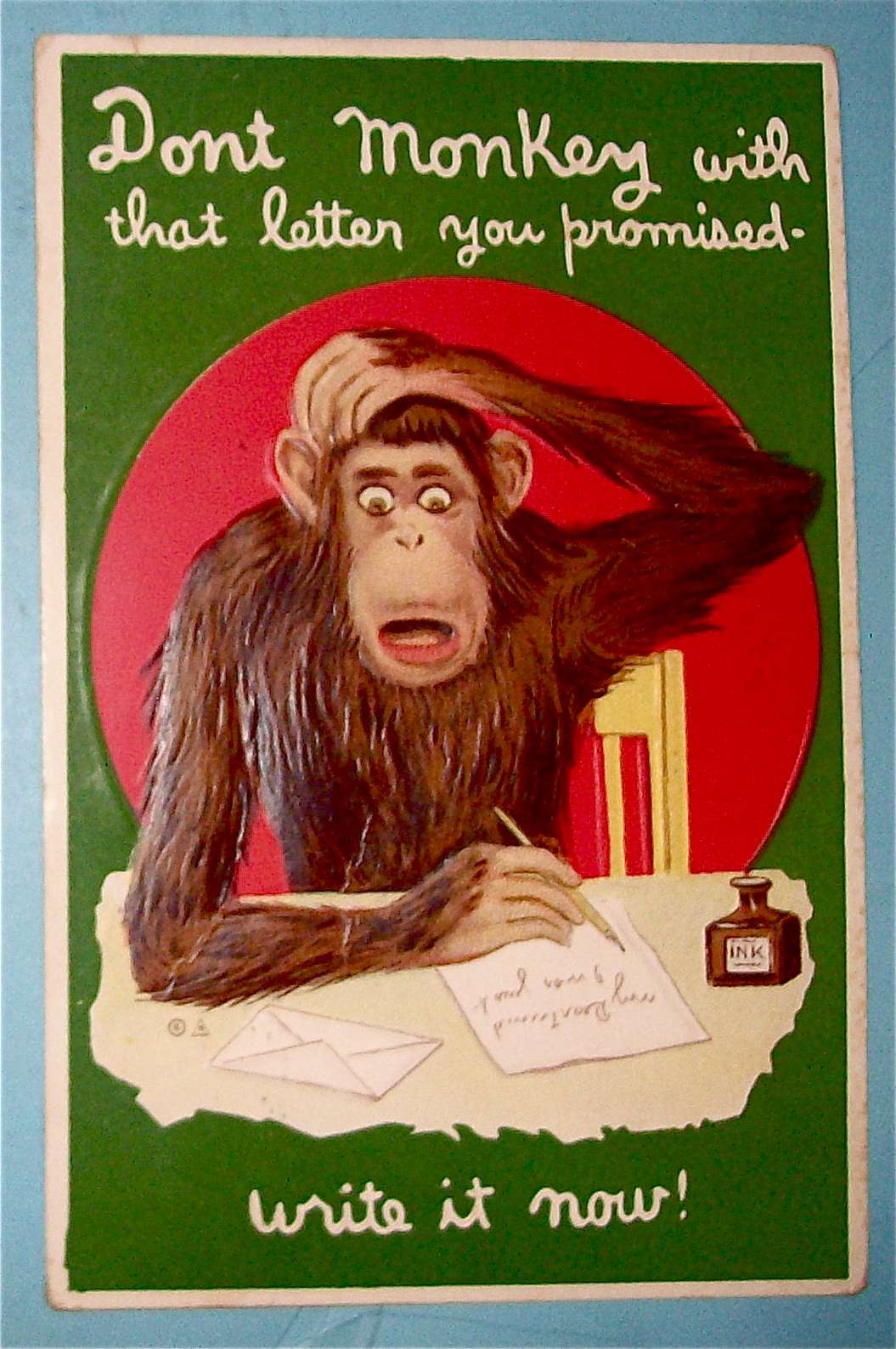Monkey Writing A Letter While Scratching Head Postcard