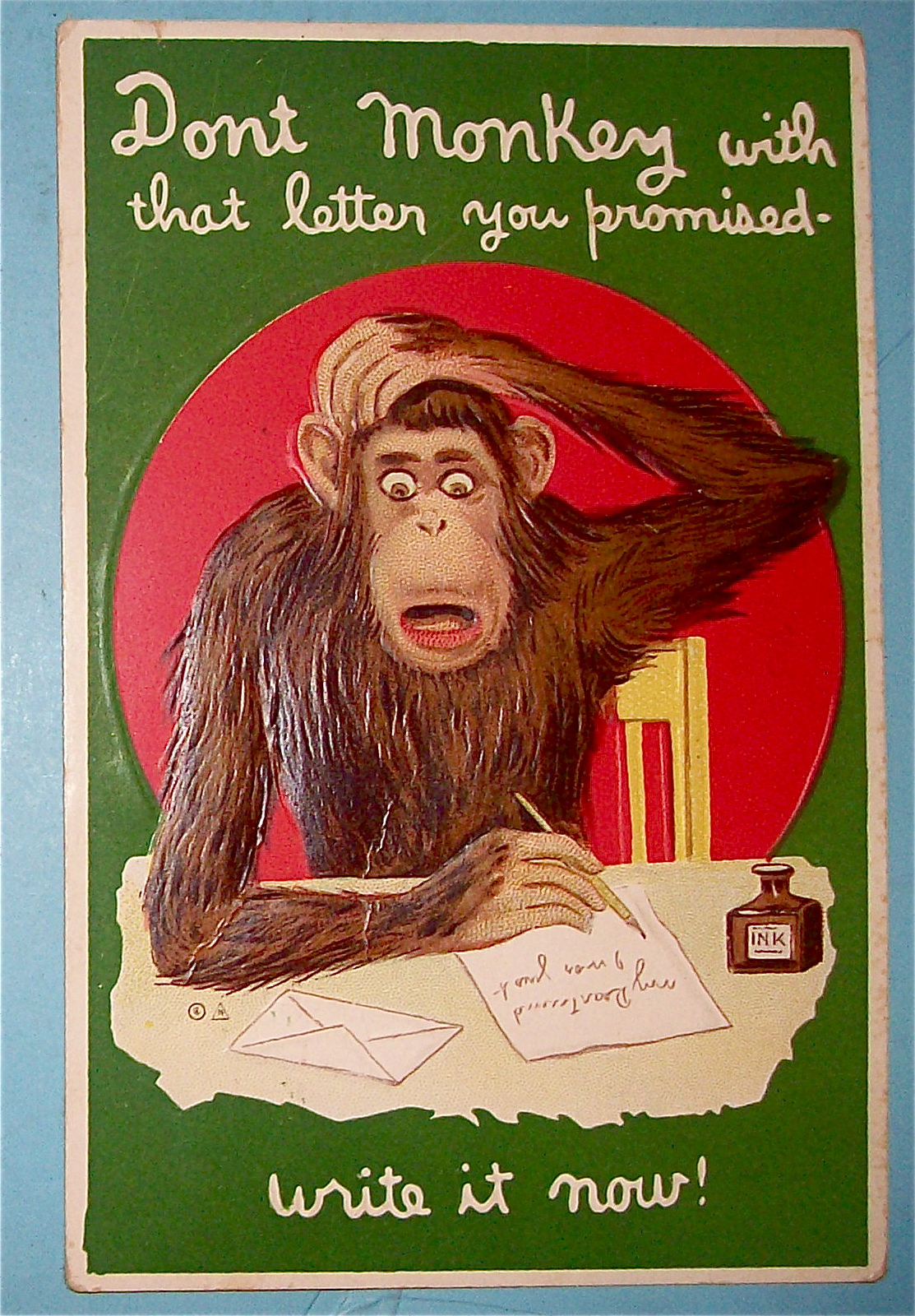 Monkey Writing A Letter While Scratching Head Postcard