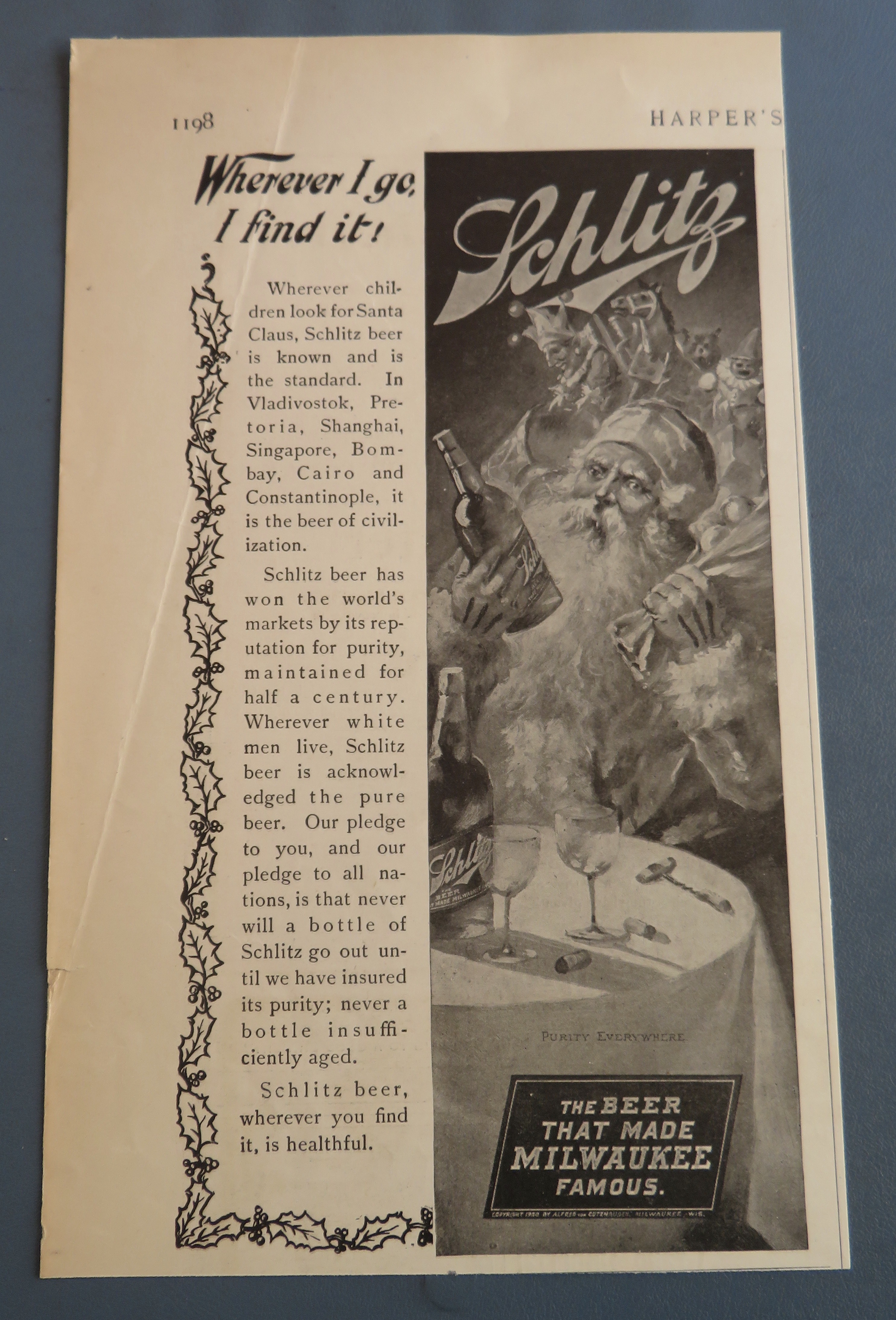 1900 Schlitz Beer with Santa Claus Holding a Bottle